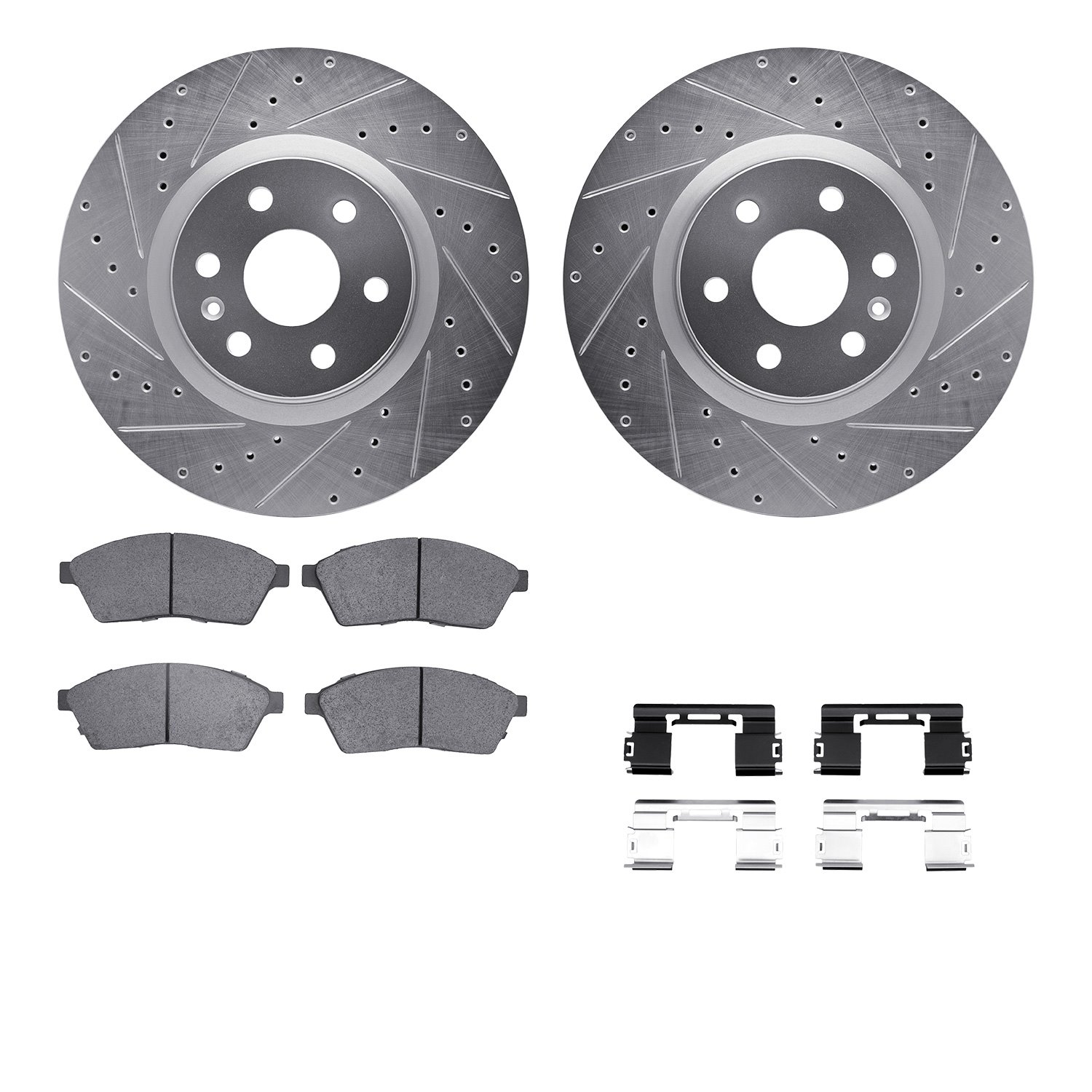 7512-46059 Drilled/Slotted Brake Rotors w/5000 Advanced Brake Pads Kit & Hardware [Silver], 2010-2016 GM, Position: Front