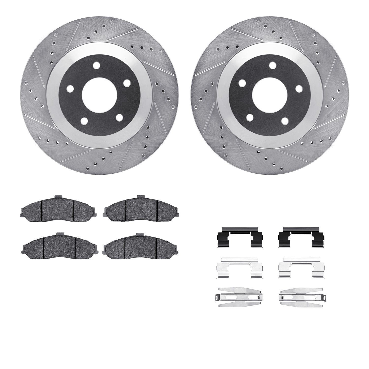 7512-46065 Drilled/Slotted Brake Rotors w/5000 Advanced Brake Pads Kit & Hardware [Silver], 1997-2004 GM, Position: Front