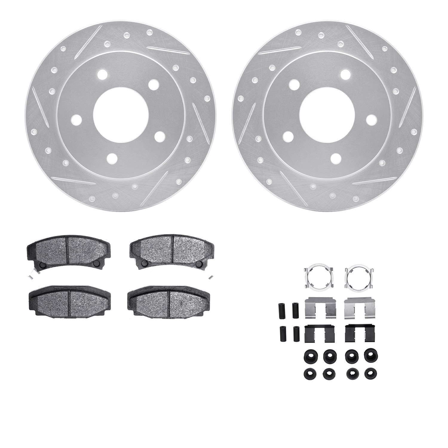 7512-46070 Drilled/Slotted Brake Rotors w/5000 Advanced Brake Pads Kit & Hardware [Silver], 1986-1992 GM, Position: Rear
