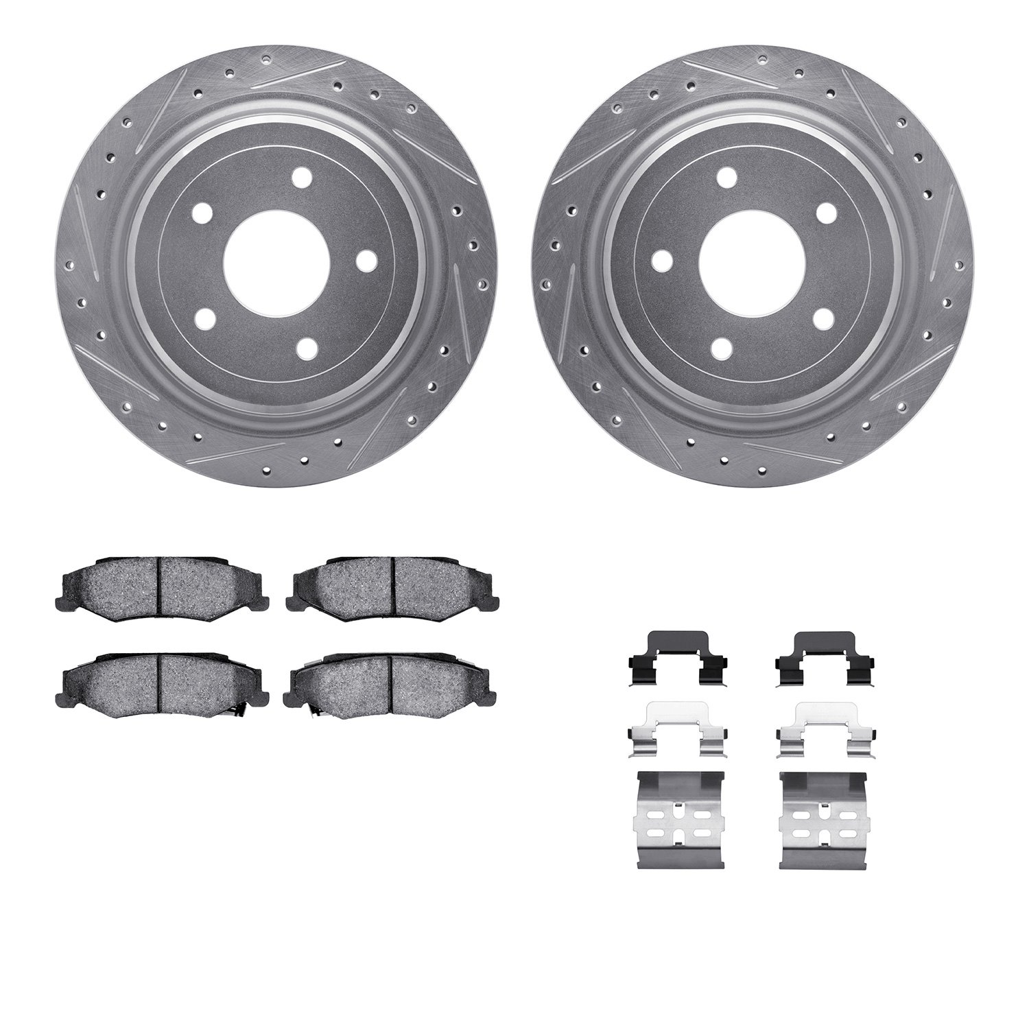 7512-46089 Drilled/Slotted Brake Rotors w/5000 Advanced Brake Pads Kit & Hardware [Silver], 1997-2013 GM, Position: Rear