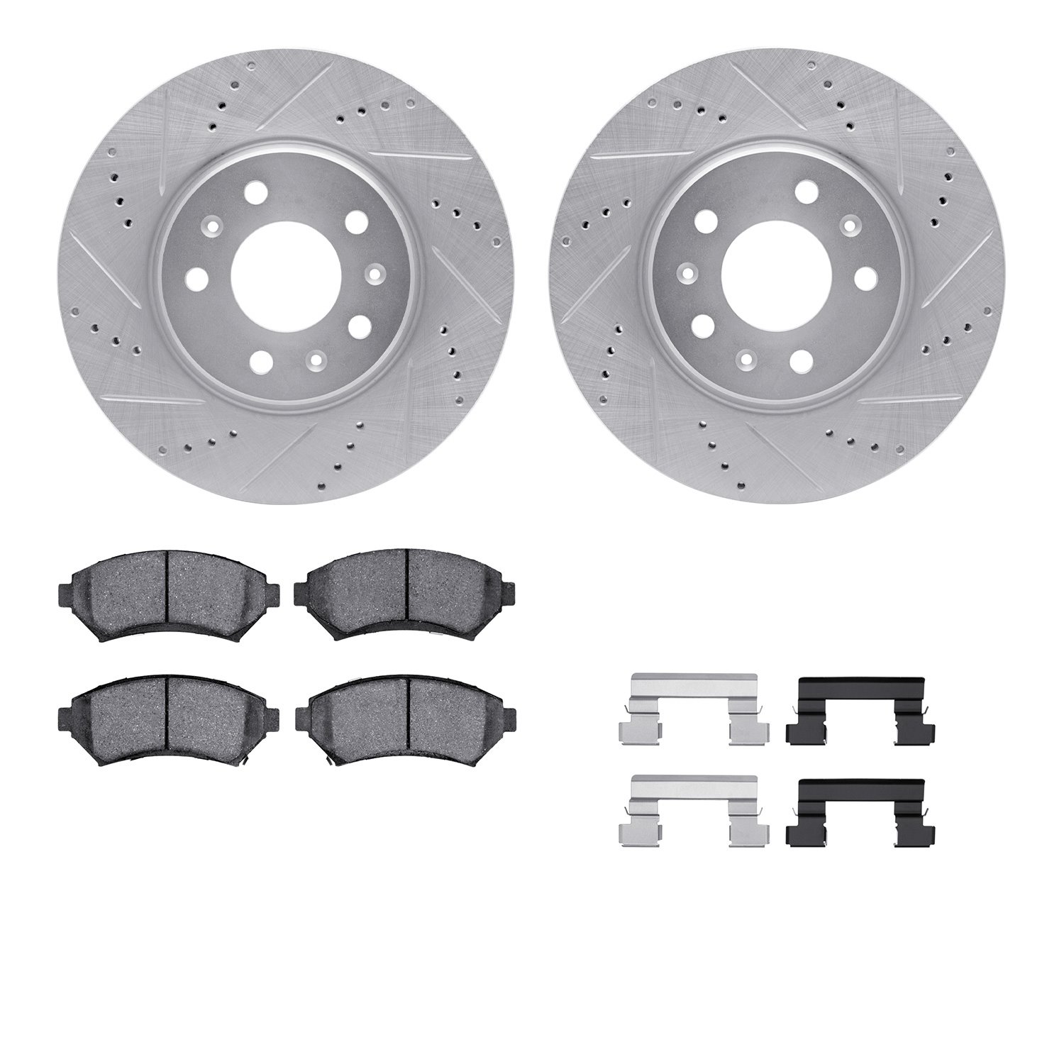 7512-46108 Drilled/Slotted Brake Rotors w/5000 Advanced Brake Pads Kit & Hardware [Silver], 2004-2004 GM, Position: Front