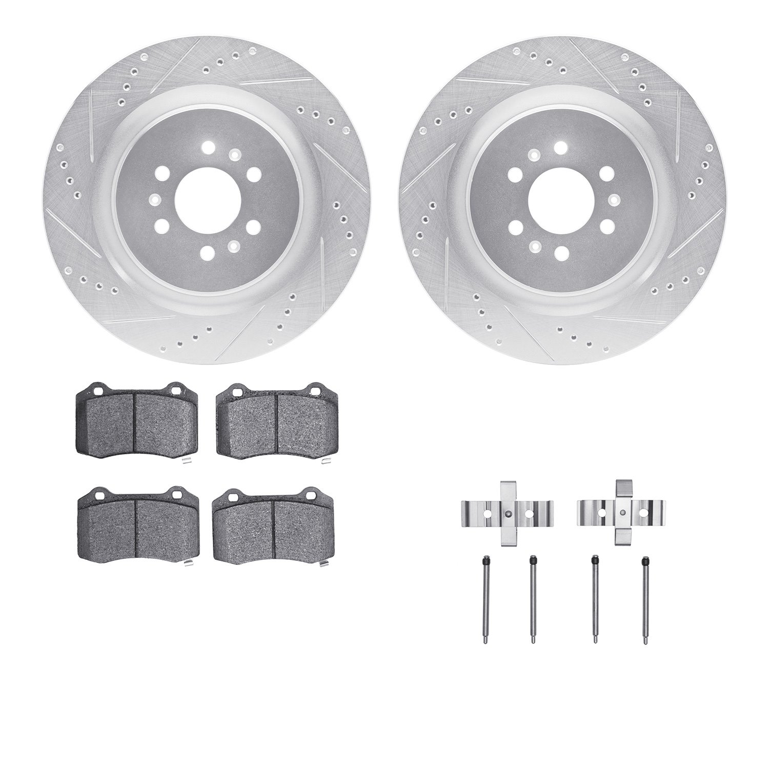 7512-46132 Drilled/Slotted Brake Rotors w/5000 Advanced Brake Pads Kit & Hardware [Silver], 2004-2011 GM, Position: Rear
