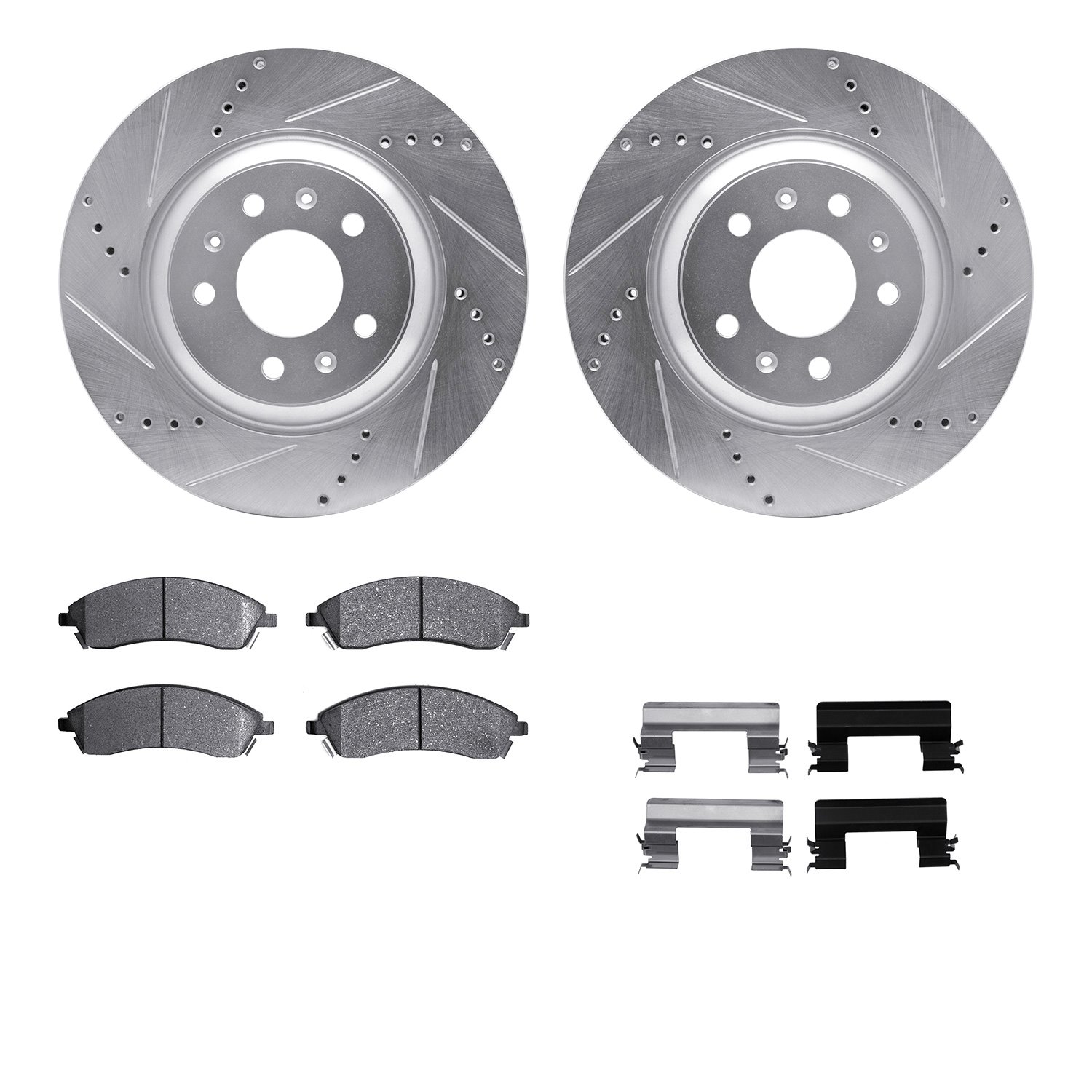 7512-46137 Drilled/Slotted Brake Rotors w/5000 Advanced Brake Pads Kit & Hardware [Silver], 2005-2008 GM, Position: Front