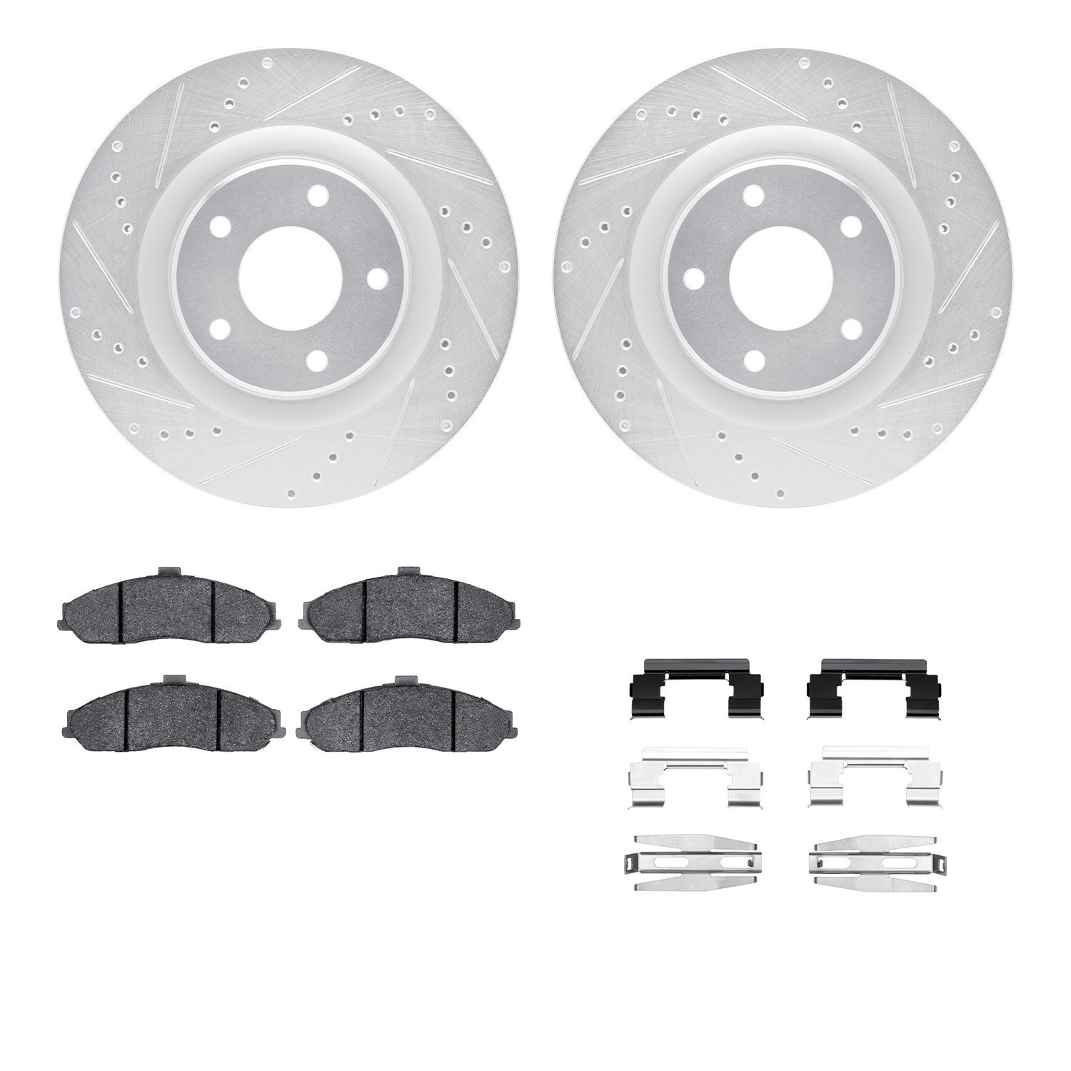 7512-46146 Drilled/Slotted Brake Rotors w/5000 Advanced Brake Pads Kit & Hardware [Silver], 2010-2010 GM, Position: Front