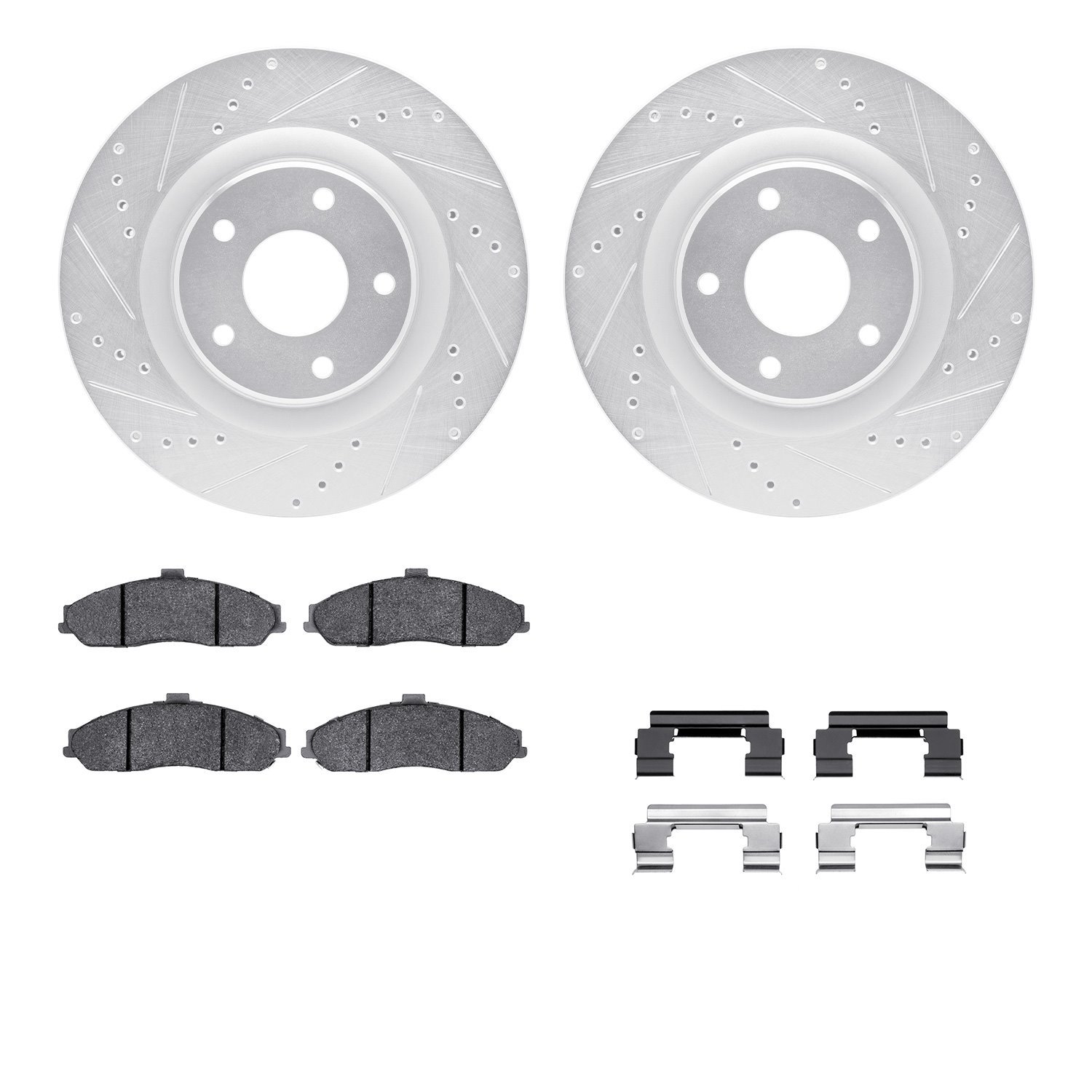 7512-46147 Drilled/Slotted Brake Rotors w/5000 Advanced Brake Pads Kit & Hardware [Silver], 2005-2009 GM, Position: Front