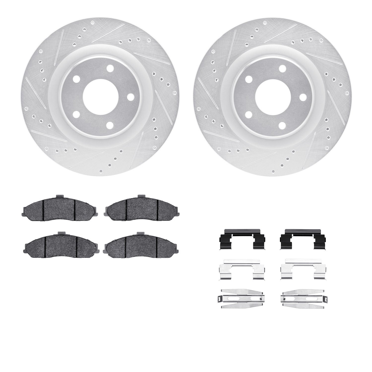 7512-46153 Drilled/Slotted Brake Rotors w/5000 Advanced Brake Pads Kit & Hardware [Silver], 2011-2013 GM, Position: Front