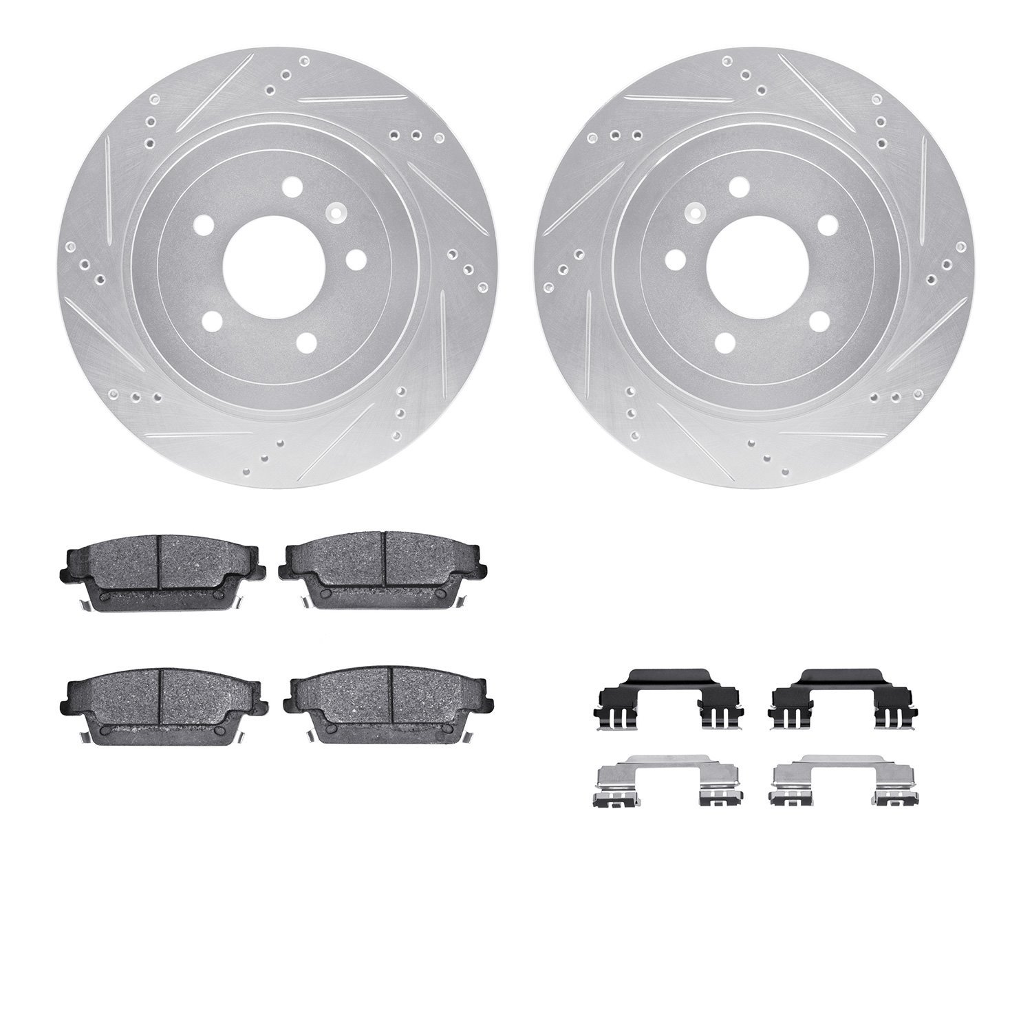7512-46157 Drilled/Slotted Brake Rotors w/5000 Advanced Brake Pads Kit & Hardware [Silver], 2005-2011 GM, Position: Rear