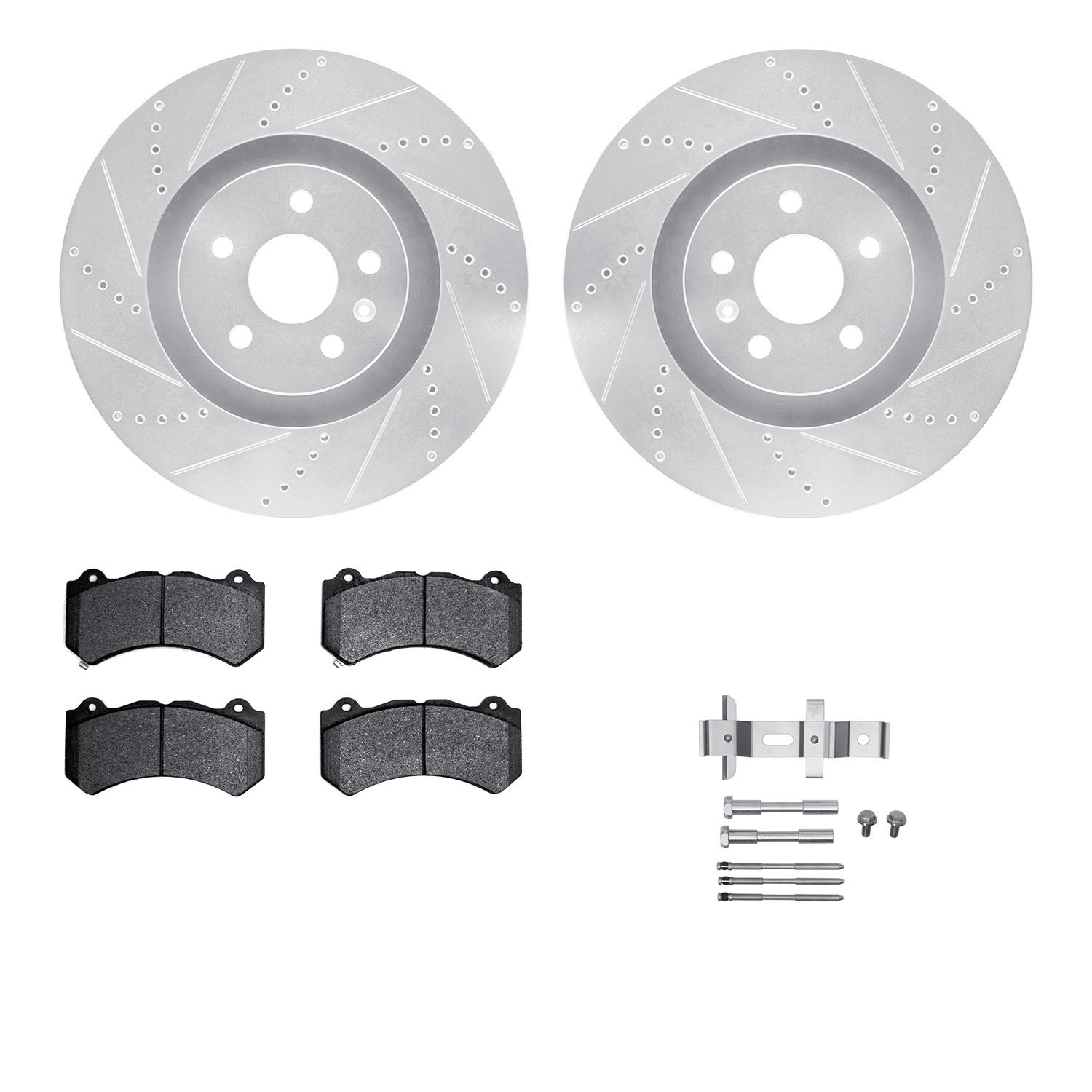 7512-46203 Drilled/Slotted Brake Rotors w/5000 Advanced Brake Pads Kit & Hardware [Silver], 2009-2015 GM, Position: Front