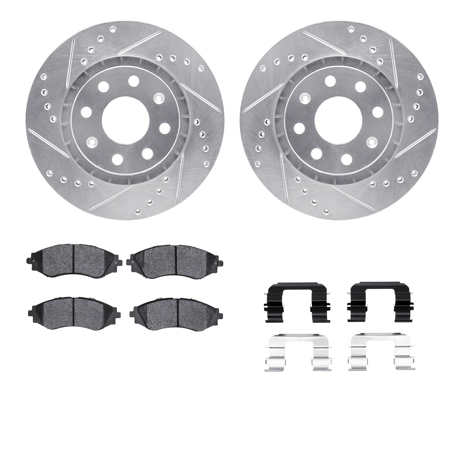 7512-47000 Drilled/Slotted Brake Rotors w/5000 Advanced Brake Pads Kit & Hardware [Silver], 2004-2017 GM, Position: Front