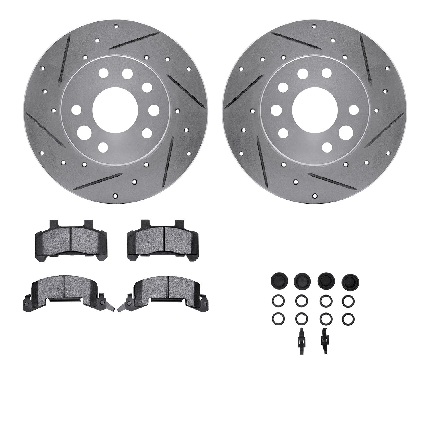 7512-47003 Drilled/Slotted Brake Rotors w/5000 Advanced Brake Pads Kit & Hardware [Silver], 1982-1982 GM, Position: Front