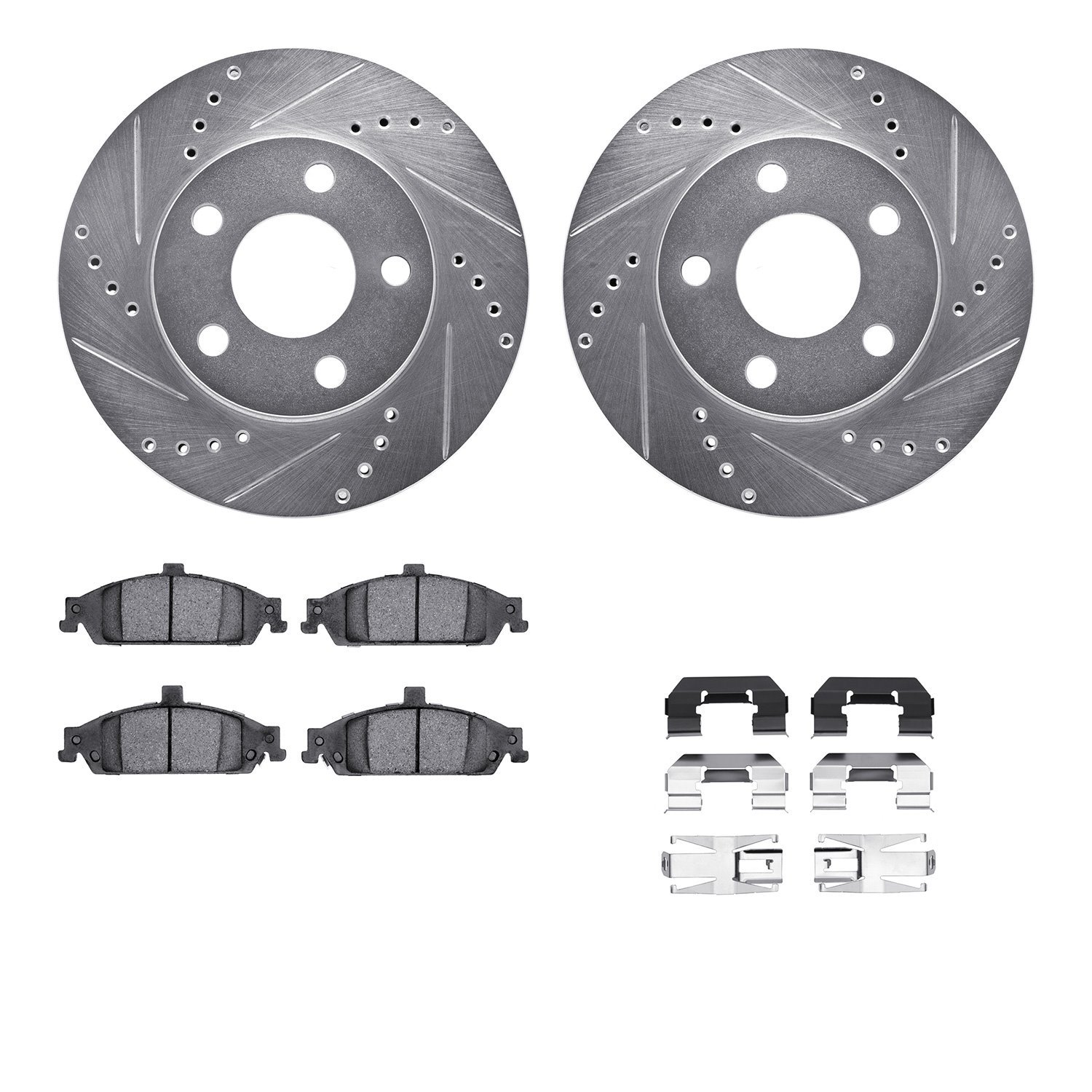 7512-47007 Drilled/Slotted Brake Rotors w/5000 Advanced Brake Pads Kit & Hardware [Silver], 1997-2005 GM, Position: Front