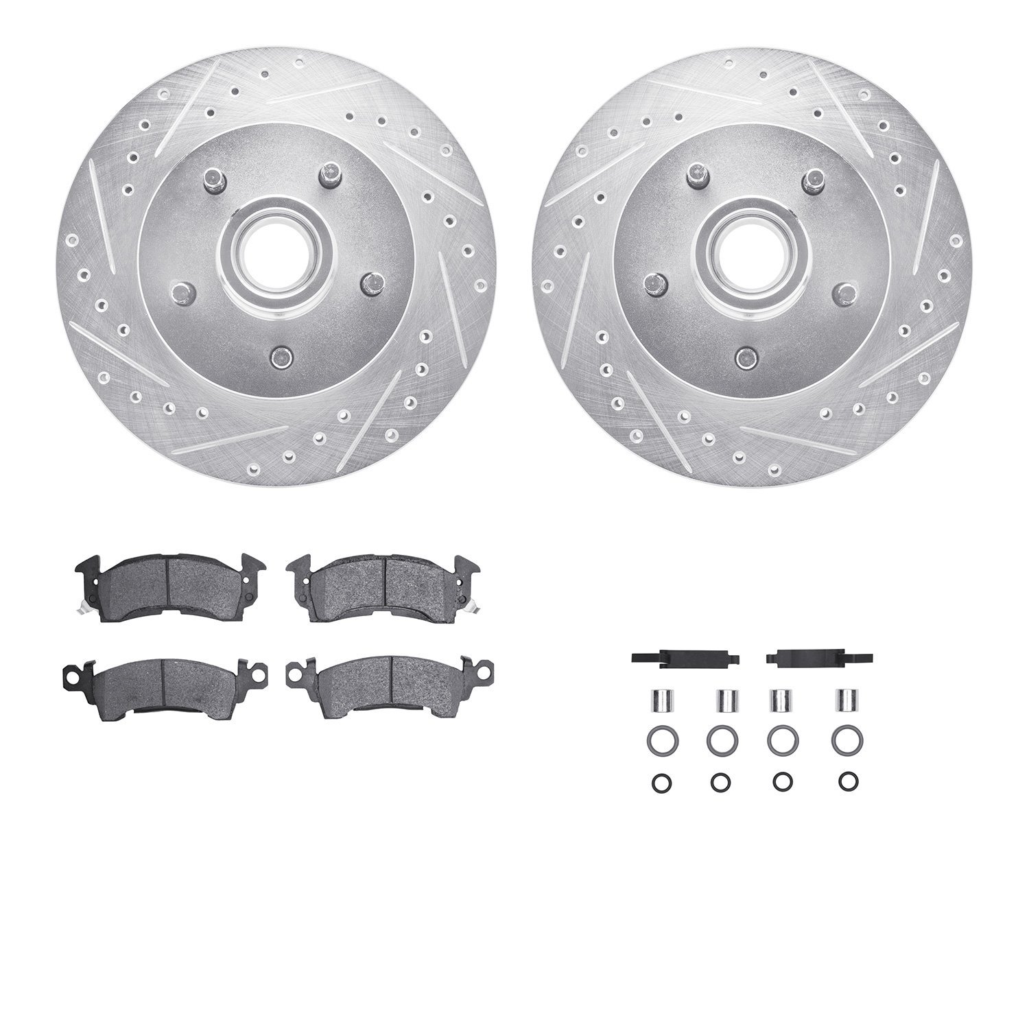 7512-47009 Drilled/Slotted Brake Rotors w/5000 Advanced Brake Pads Kit & Hardware [Silver], 1969-1996 GM, Position: Front