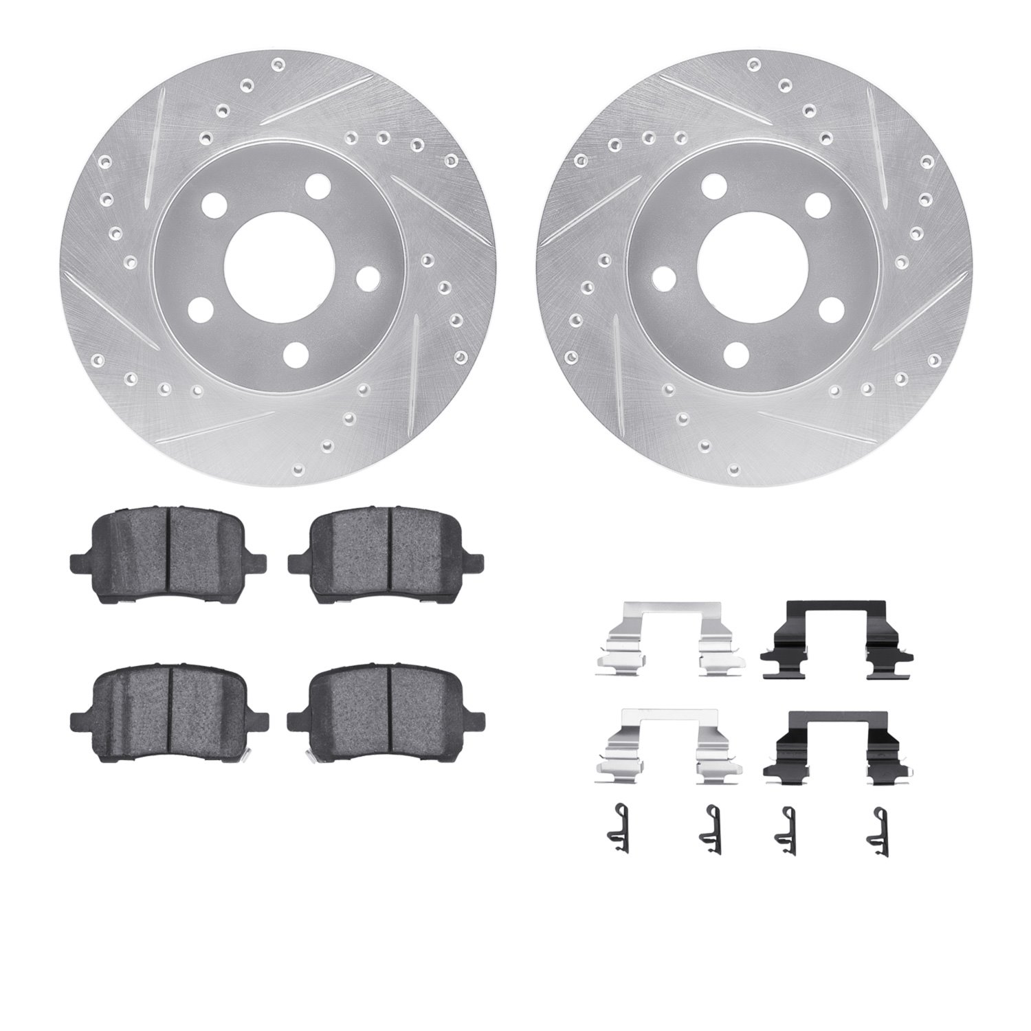 7512-47011 Drilled/Slotted Brake Rotors w/5000 Advanced Brake Pads Kit & Hardware [Silver], 2004-2008 GM, Position: Front