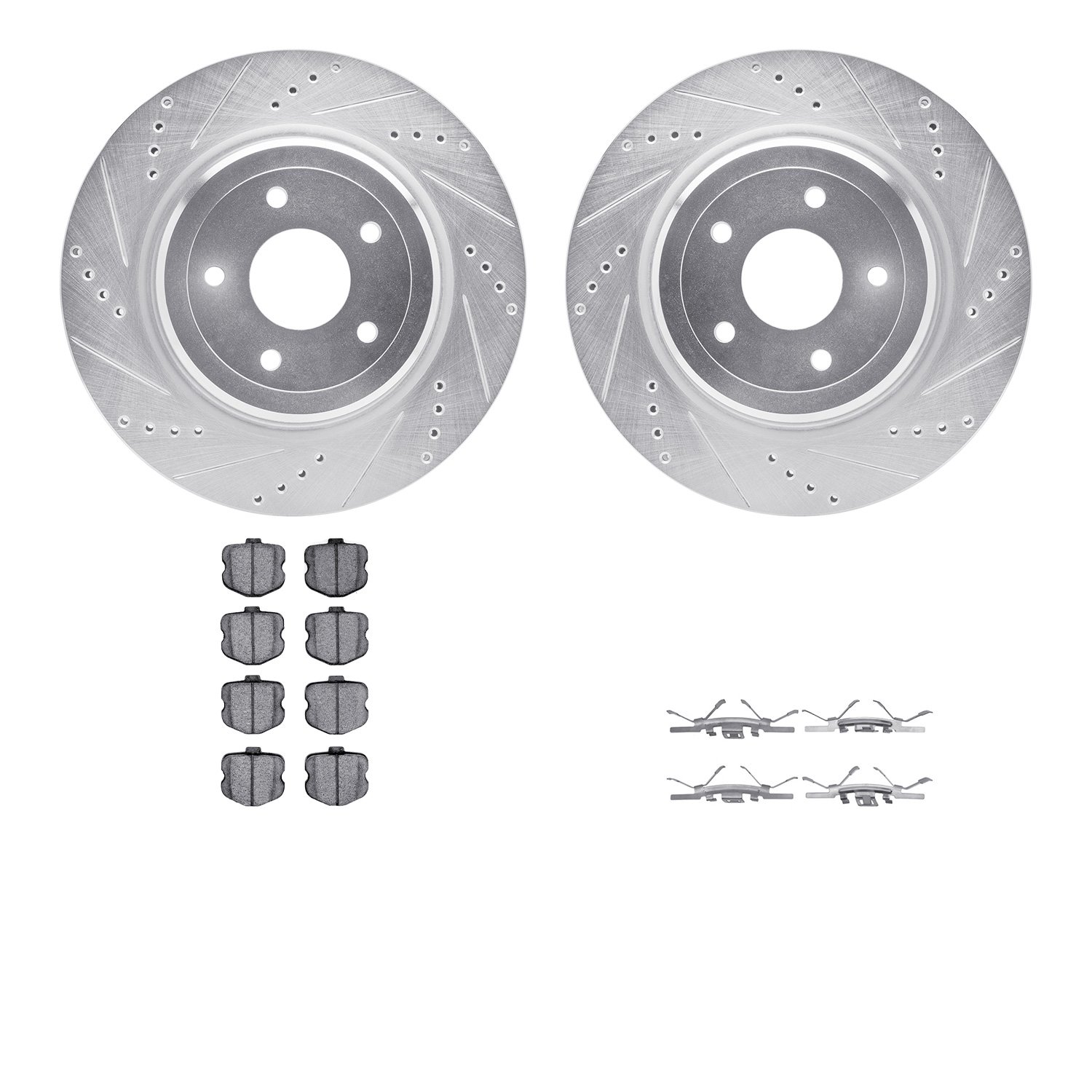 7512-47016 Drilled/Slotted Brake Rotors w/5000 Advanced Brake Pads Kit & Hardware [Silver], 2006-2013 GM, Position: Rear