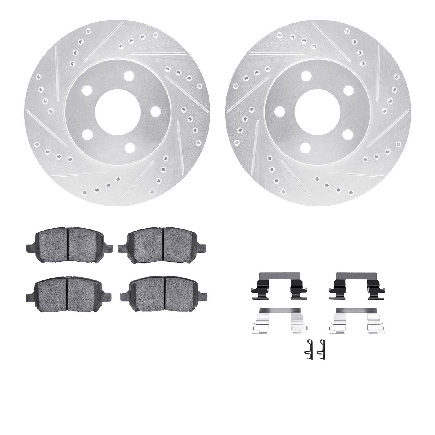 7512-47017 Drilled/Slotted Brake Rotors w/5000 Advanced Brake Pads Kit & Hardware [Silver], 2007-2010 GM, Position: Front