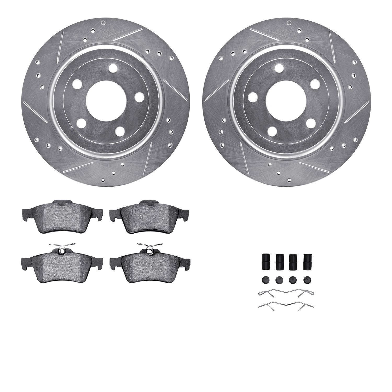 7512-47019 Drilled/Slotted Brake Rotors w/5000 Advanced Brake Pads Kit & Hardware [Silver], 2008-2010 GM, Position: Rear