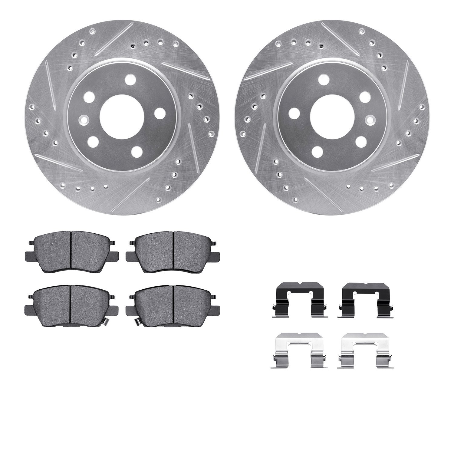 7512-47024 Drilled/Slotted Brake Rotors w/5000 Advanced Brake Pads Kit & Hardware [Silver], Fits Select GM, Position: Front