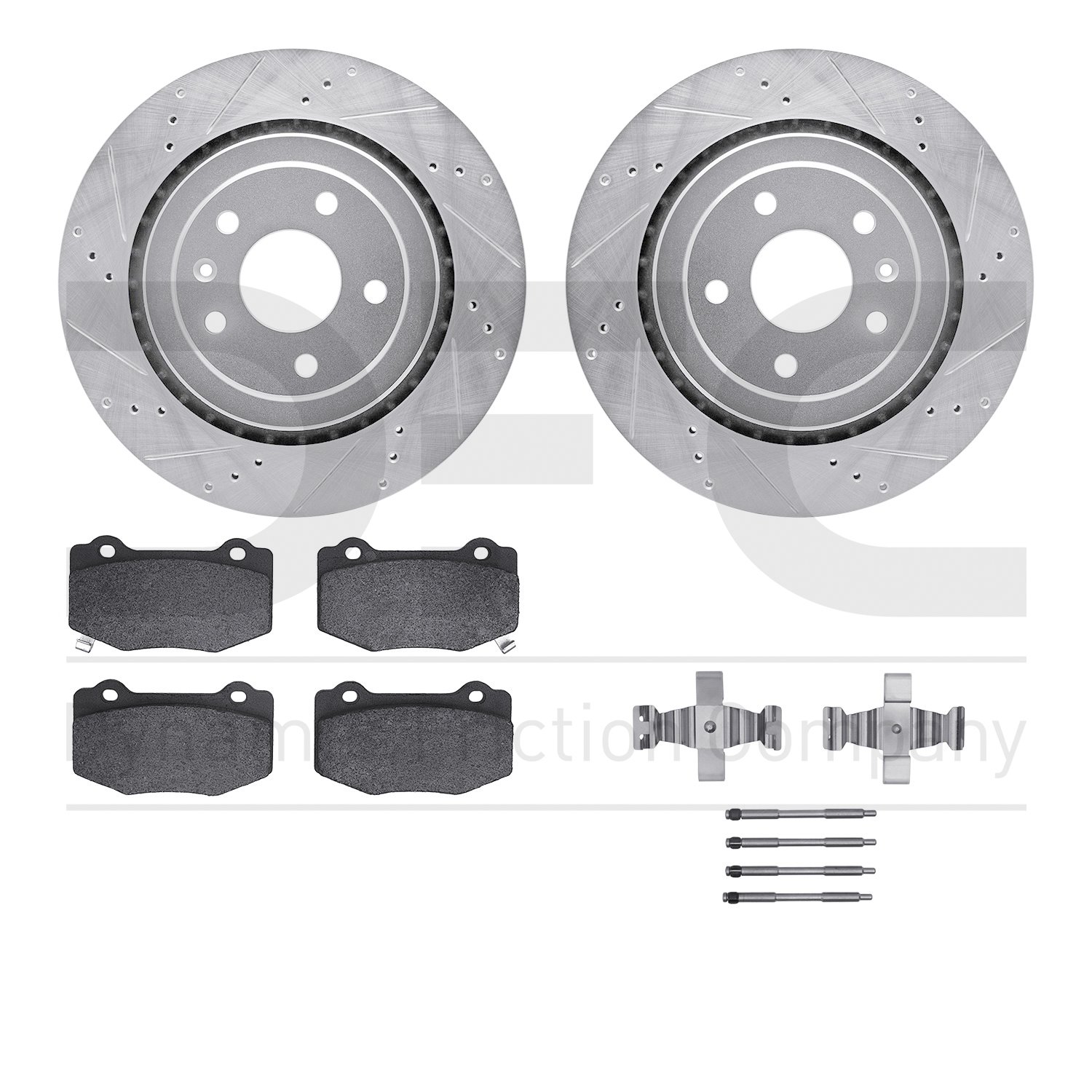 7512-47028 Drilled/Slotted Brake Rotors w/5000 Advanced Brake Pads Kit & Hardware [Silver], 2014-2019 GM, Position: Rear