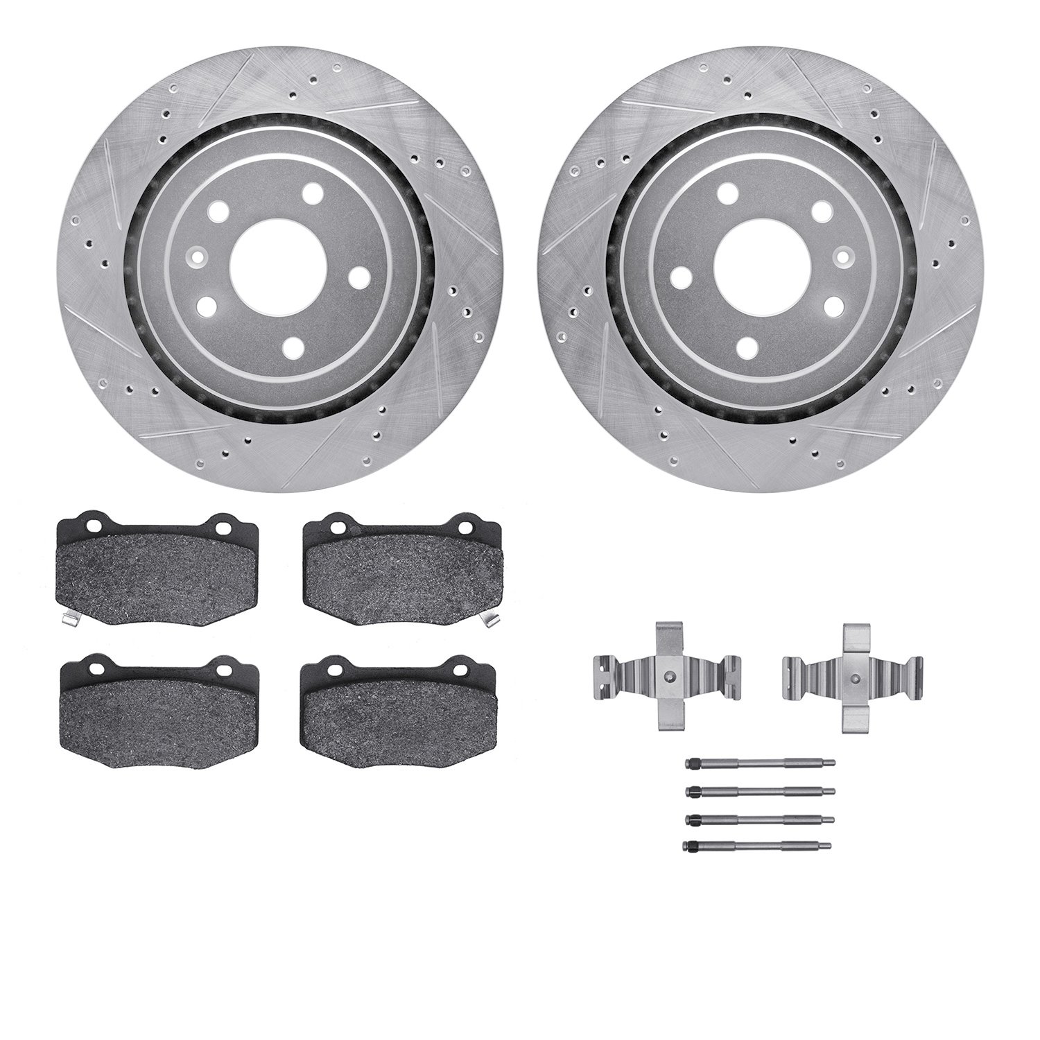 7512-47029 Drilled/Slotted Brake Rotors w/5000 Advanced Brake Pads Kit & Hardware [Silver], 2015-2019 GM, Position: Rear