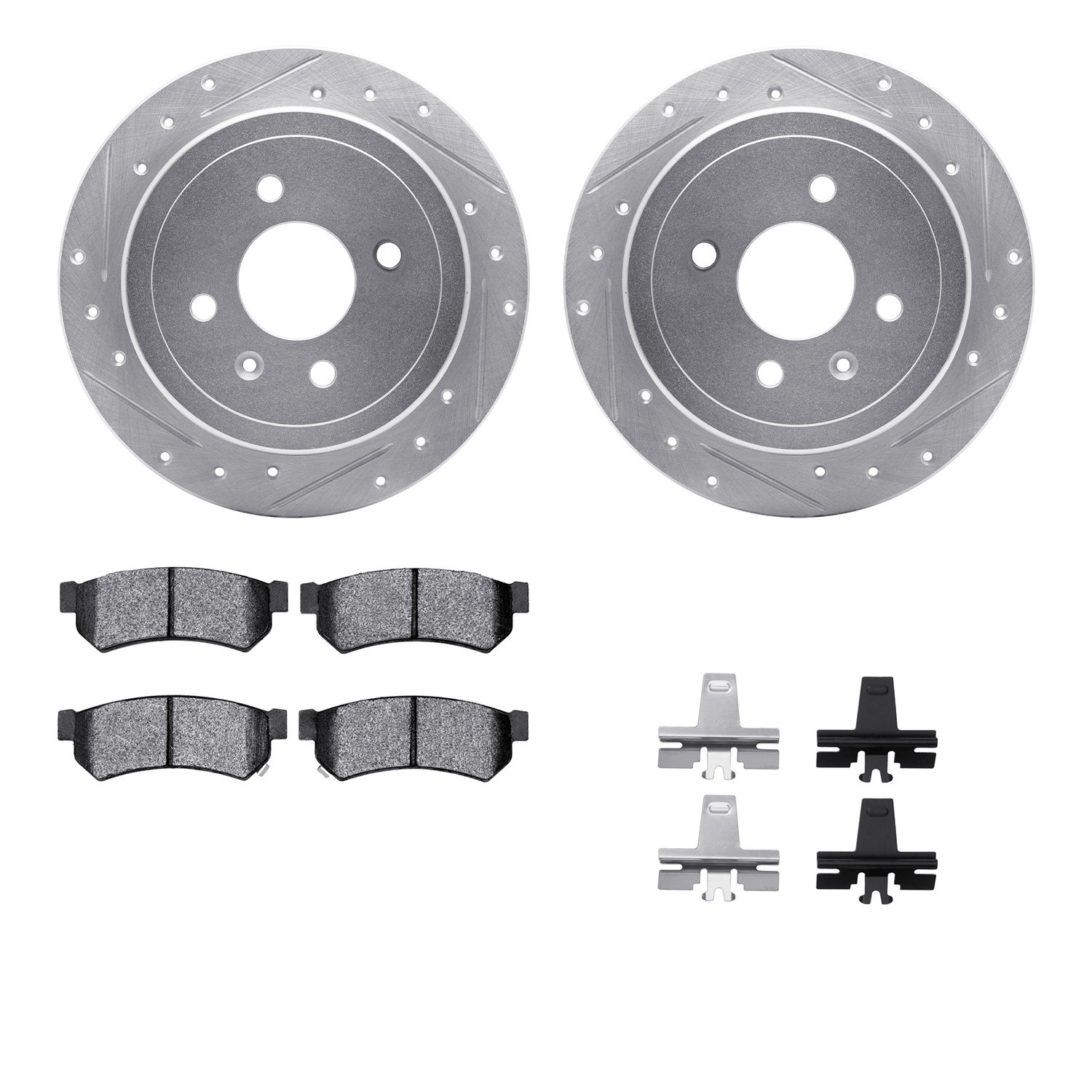 7512-47030 Drilled/Slotted Brake Rotors w/5000 Advanced Brake Pads Kit & Hardware [Silver], 2014-2016 GM, Position: Rear