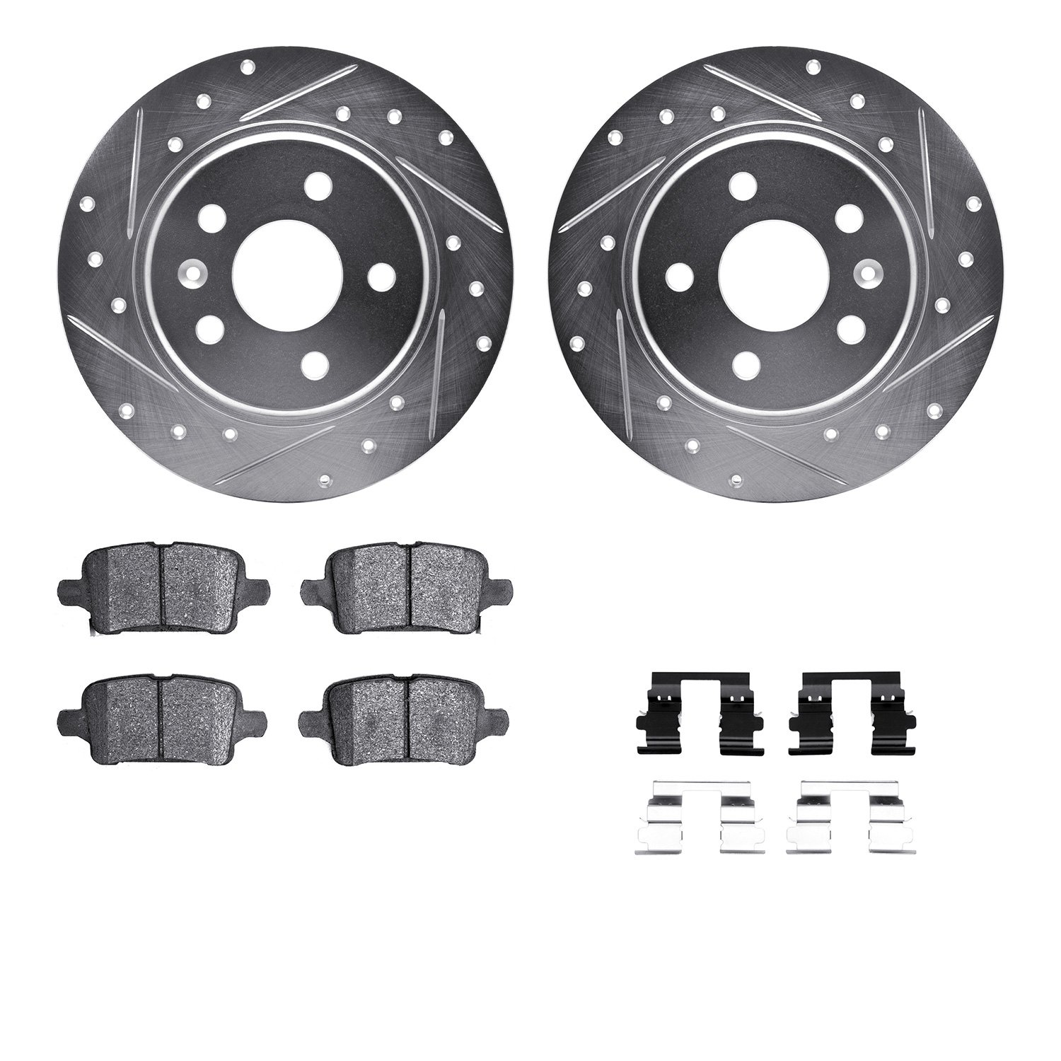 7512-47033 Drilled/Slotted Brake Rotors w/5000 Advanced Brake Pads Kit & Hardware [Silver], Fits Select GM, Position: Rear