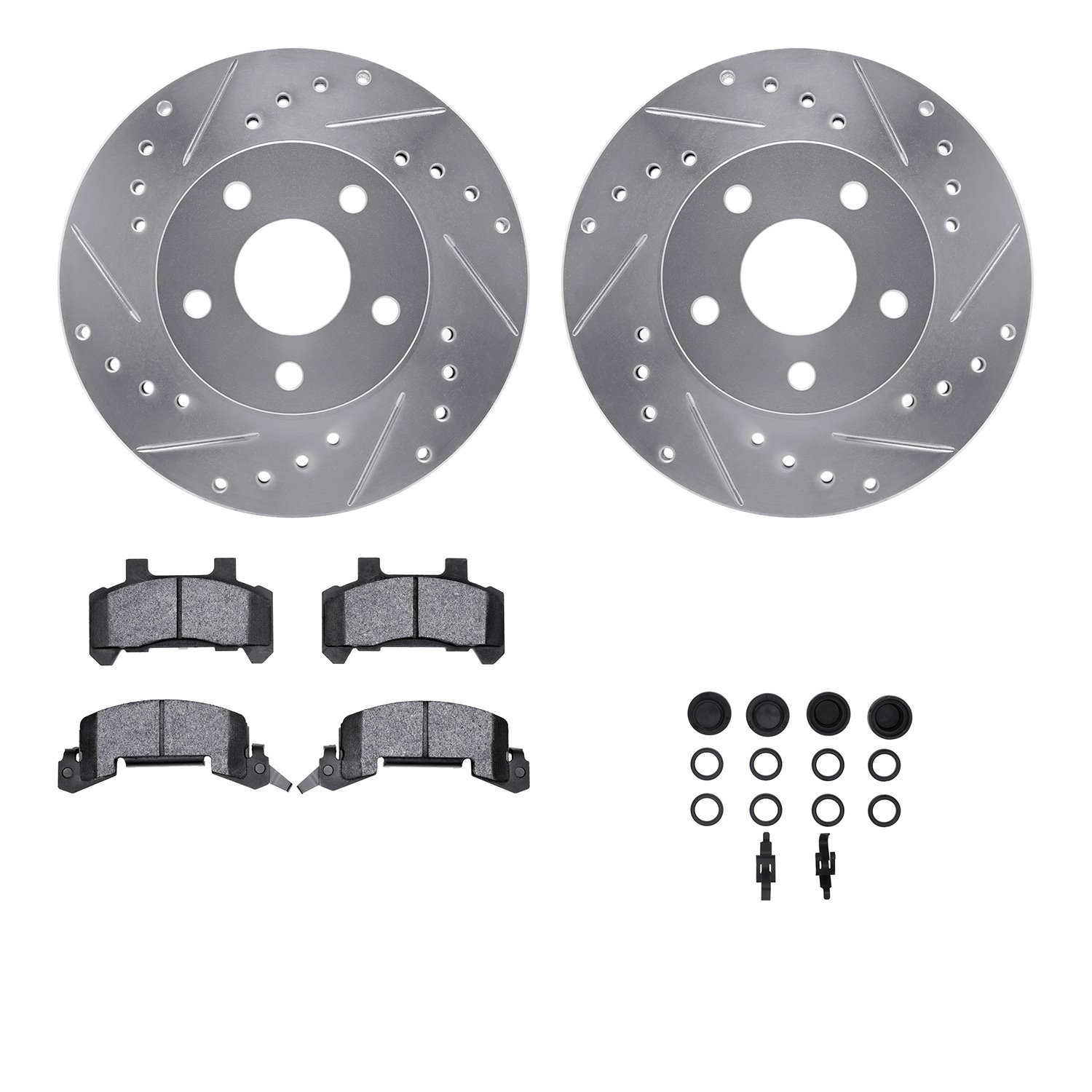 7512-47034 Drilled/Slotted Brake Rotors w/5000 Advanced Brake Pads Kit & Hardware [Silver], 1982-1984 GM, Position: Front