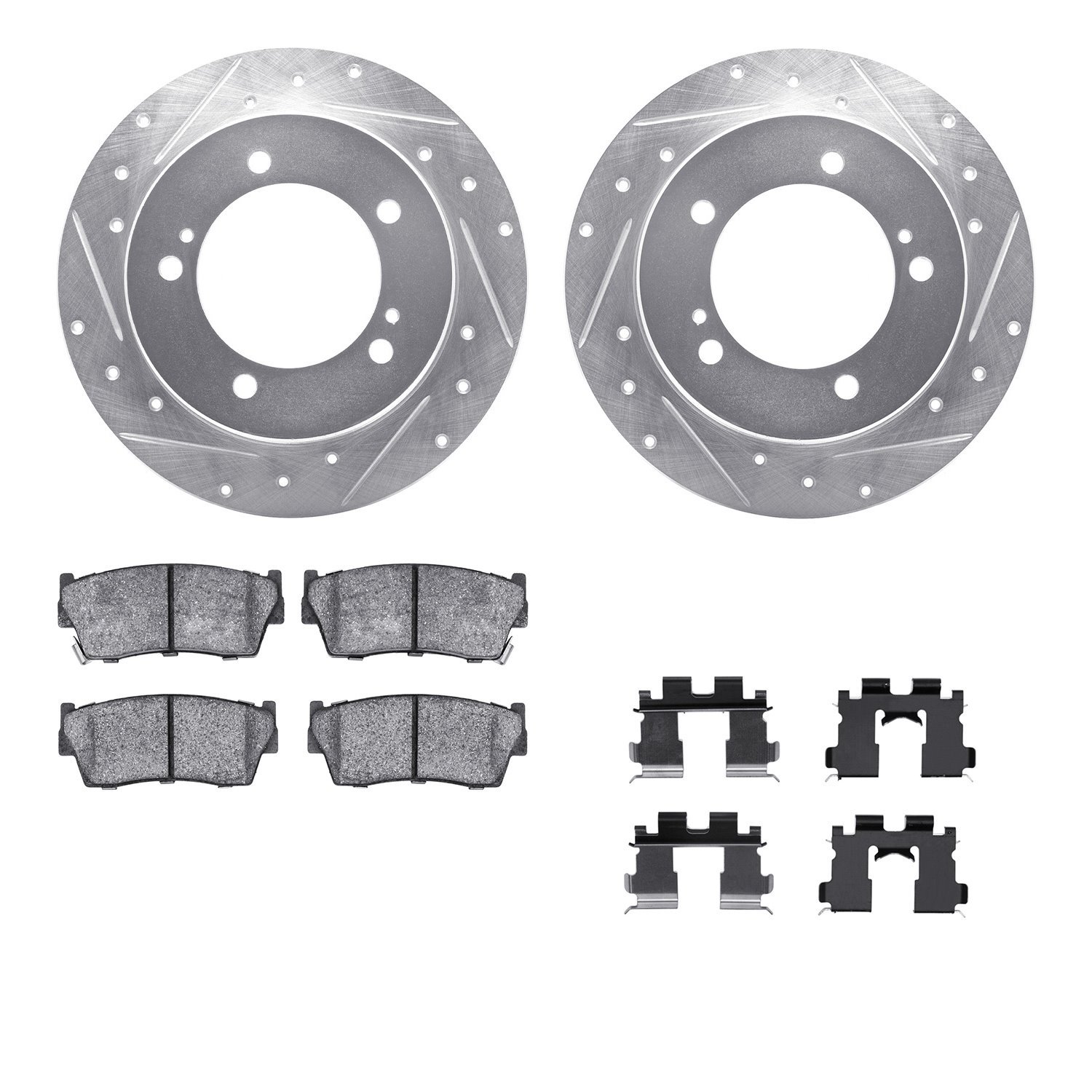 7512-47035 Drilled/Slotted Brake Rotors w/5000 Advanced Brake Pads Kit & Hardware [Silver], 1989-1998 GM, Position: Front