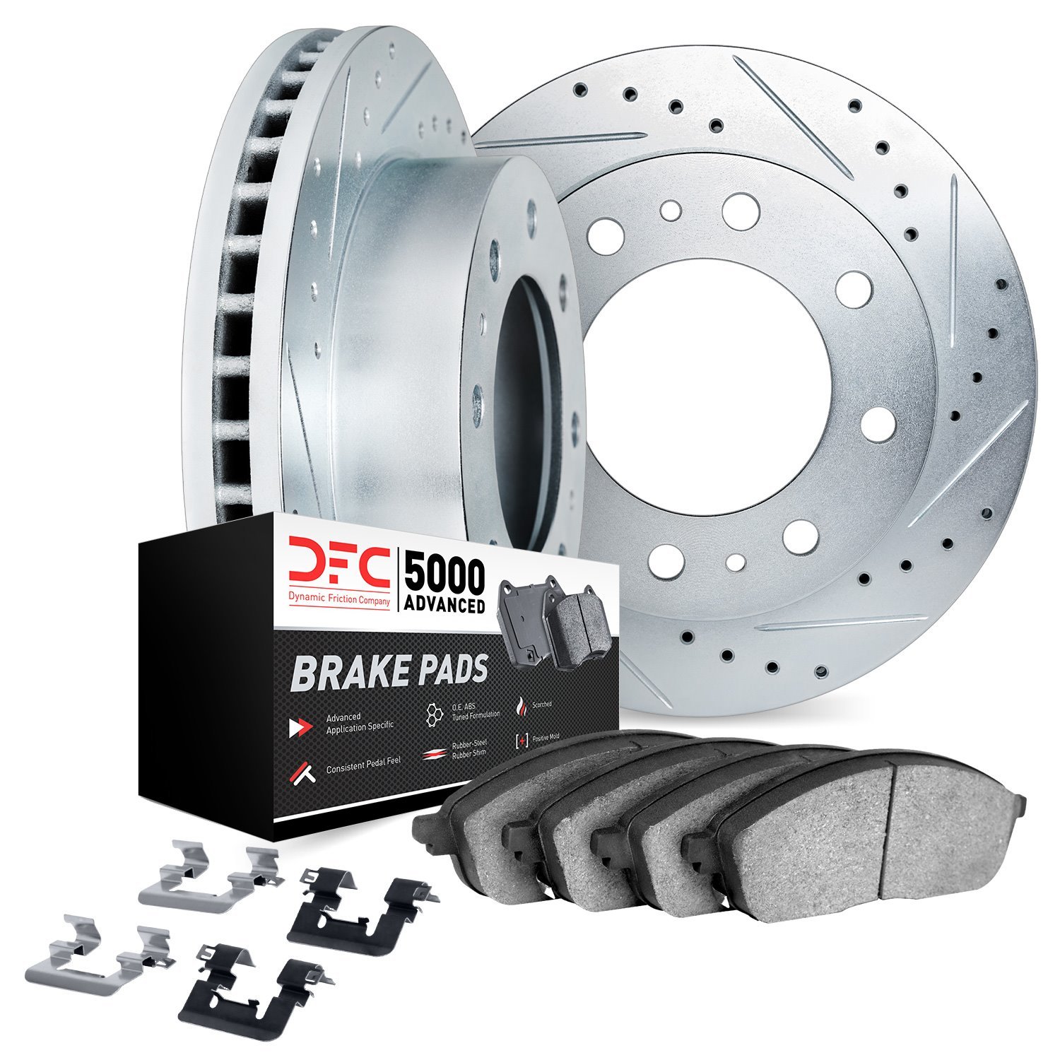 7512-47041 Drilled/Slotted Brake Rotors w/5000 Advanced Brake Pads Kit & Hardware [Silver], 1985-1989 GM, Position: Front