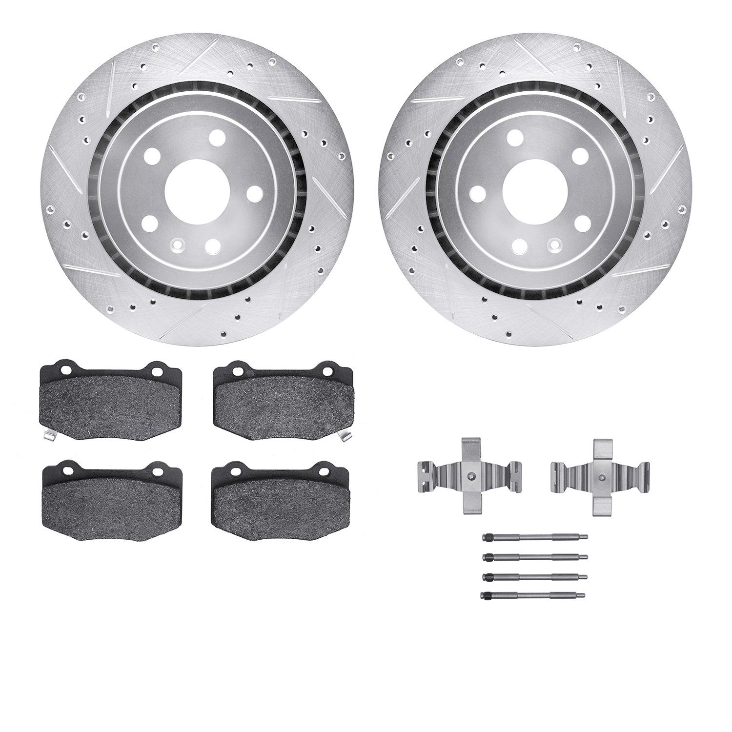 7512-47044 Drilled/Slotted Brake Rotors w/5000 Advanced Brake Pads Kit & Hardware [Silver], Fits Select GM, Position: Rear
