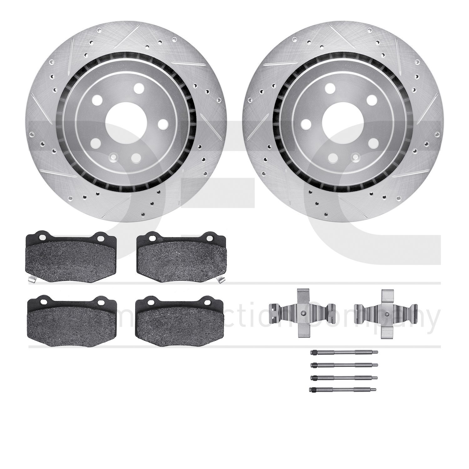 7512-47045 Drilled/Slotted Brake Rotors w/5000 Advanced Brake Pads Kit & Hardware [Silver], Fits Select GM, Position: Rear
