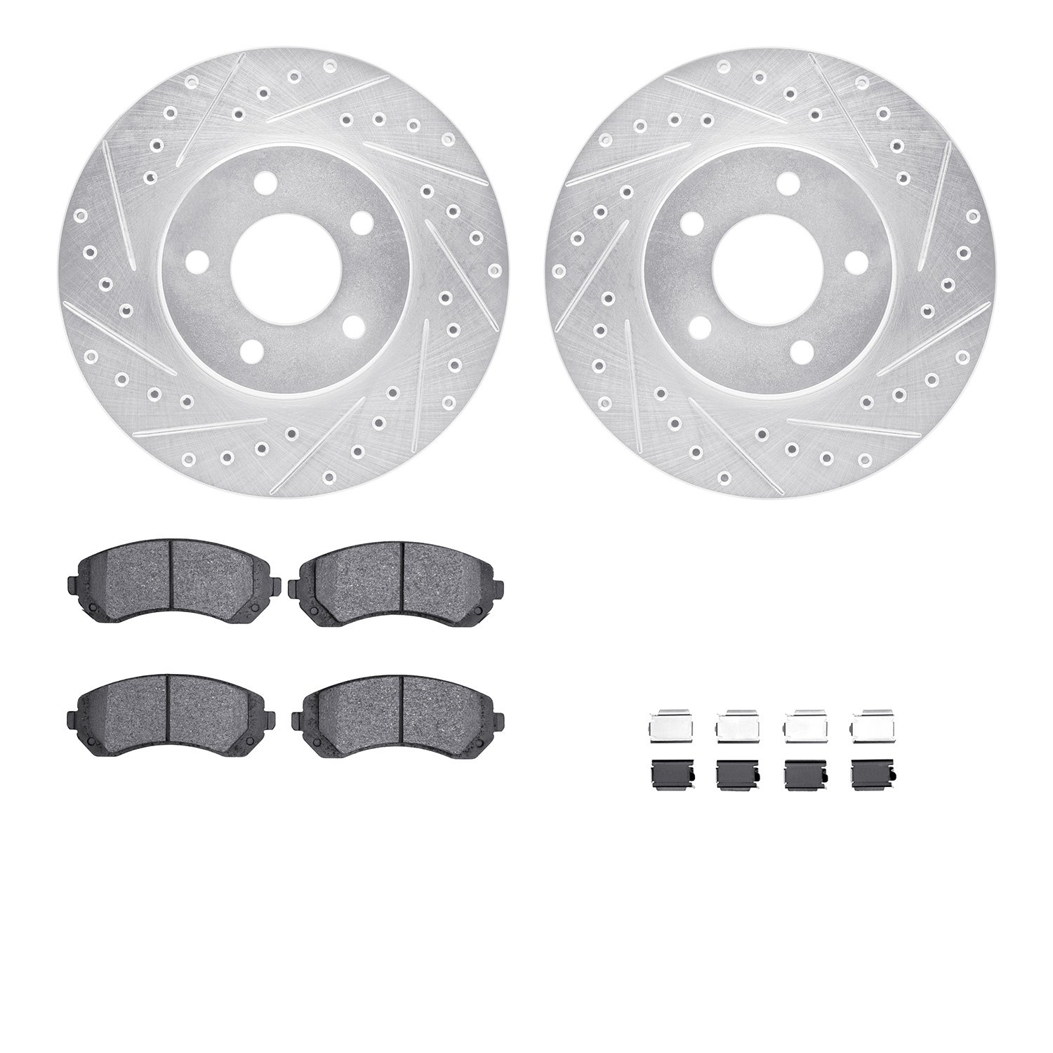 7512-47047 Drilled/Slotted Brake Rotors w/5000 Advanced Brake Pads Kit & Hardware [Silver], 2001-2007 GM, Position: Front