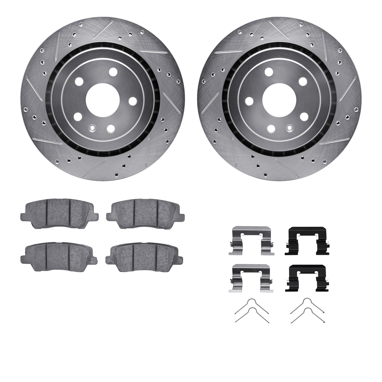 7512-47048 Drilled/Slotted Brake Rotors w/5000 Advanced Brake Pads Kit & Hardware [Silver], 2015-2019 GM, Position: Rear