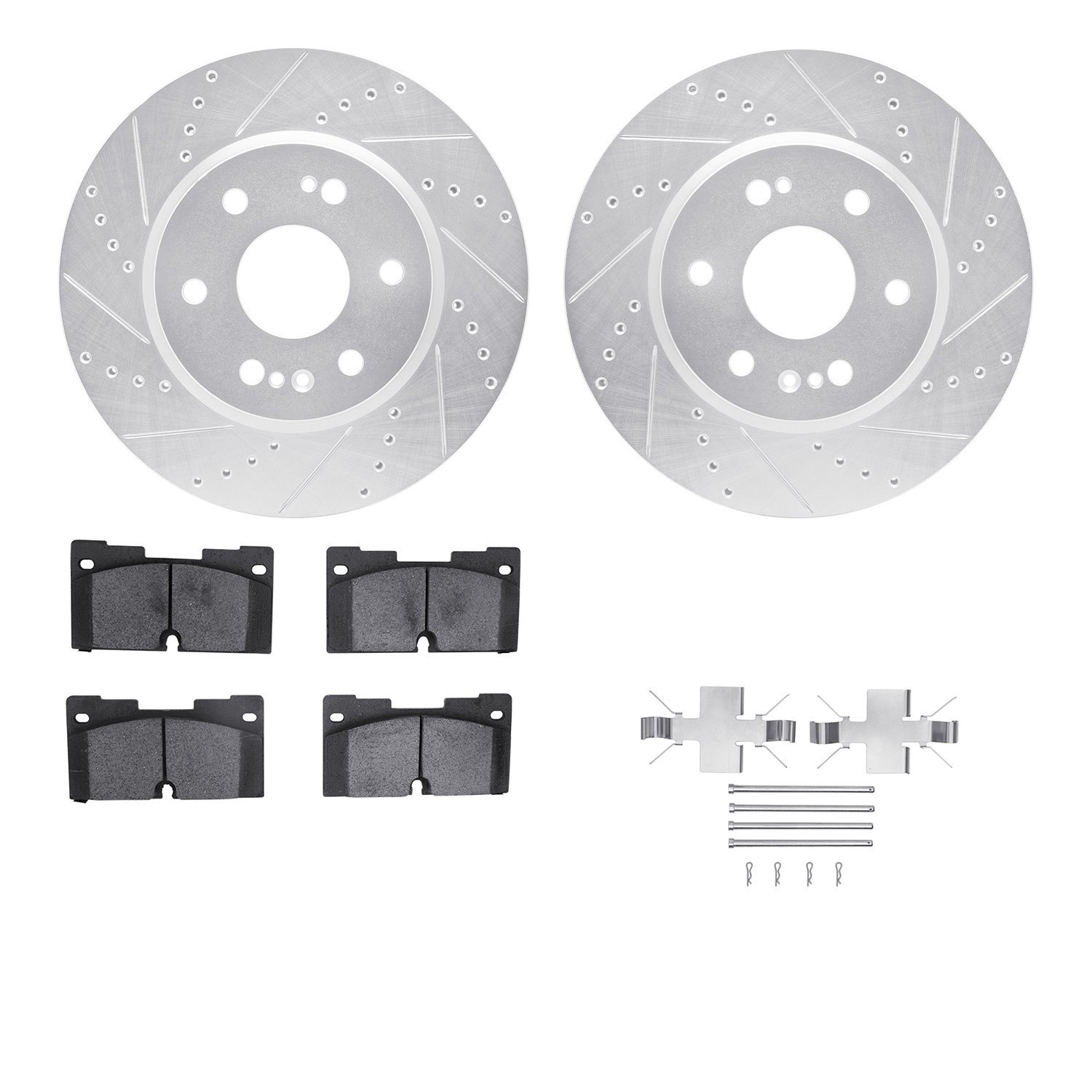7512-47052 Drilled/Slotted Brake Rotors w/5000 Advanced Brake Pads Kit & Hardware [Silver], Fits Select GM, Position: Front