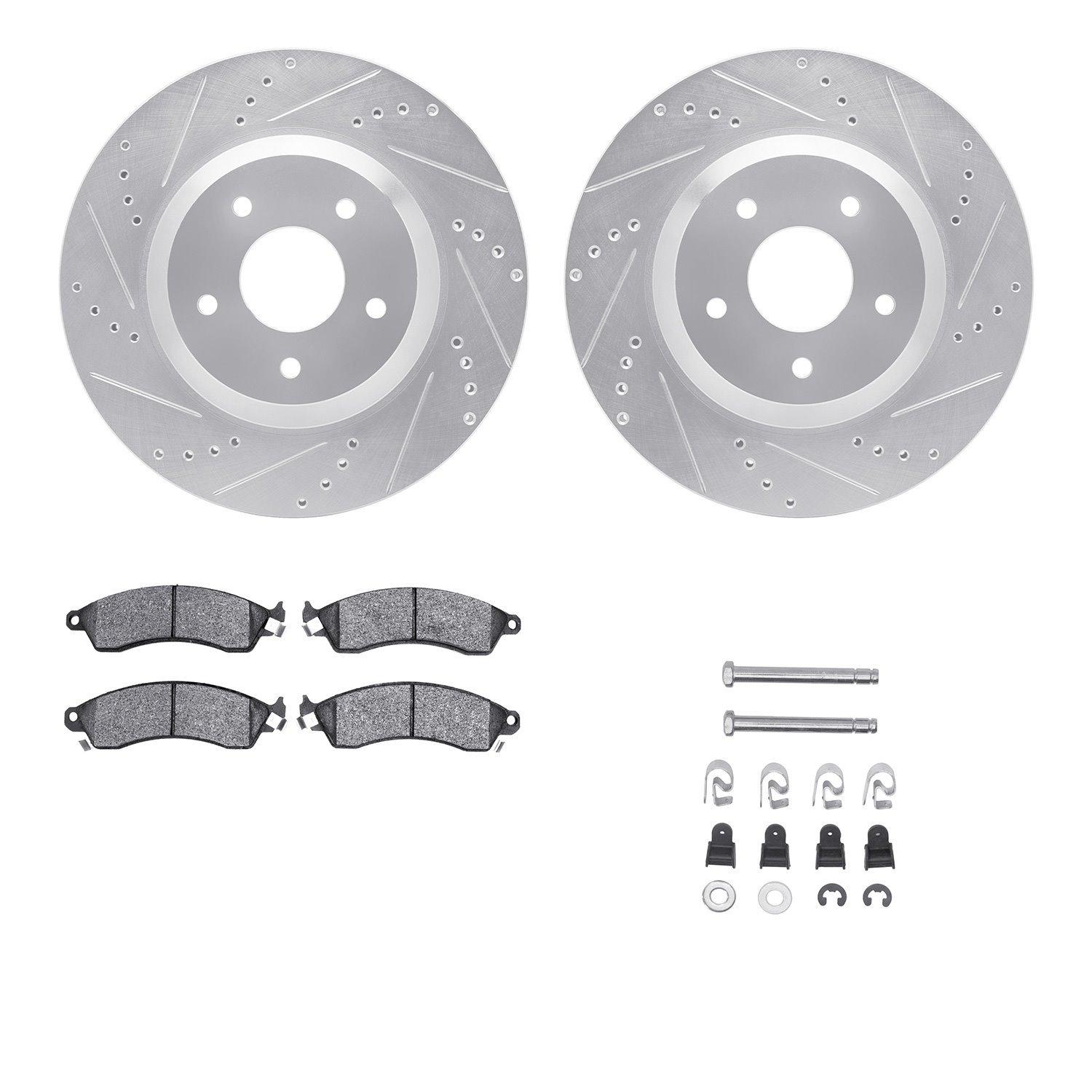 7512-47054 Drilled/Slotted Brake Rotors w/5000 Advanced Brake Pads Kit & Hardware [Silver], 1988-1996 GM, Position: Front