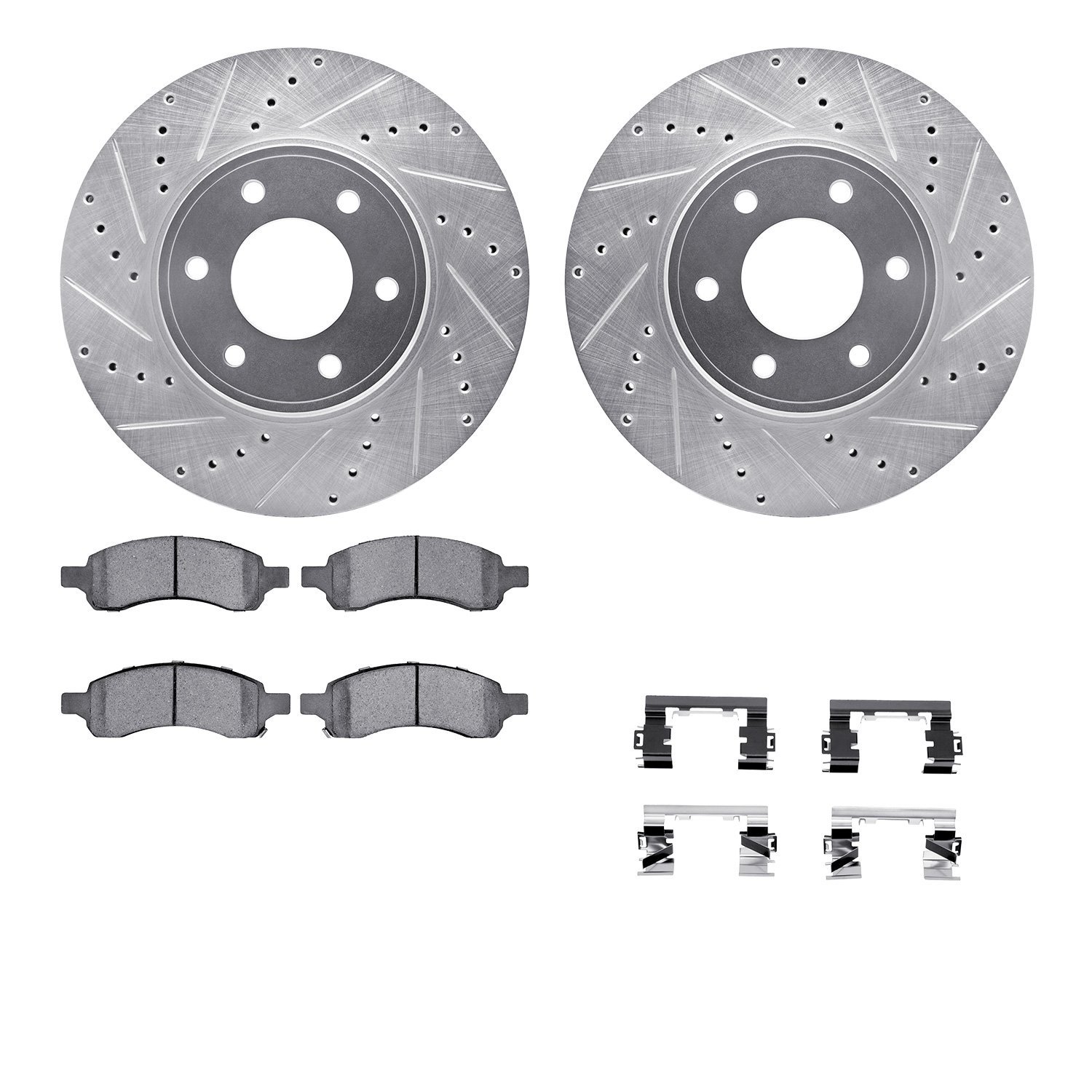 7512-47057 Drilled/Slotted Brake Rotors w/5000 Advanced Brake Pads Kit & Hardware [Silver], 2006-2009 GM, Position: Front