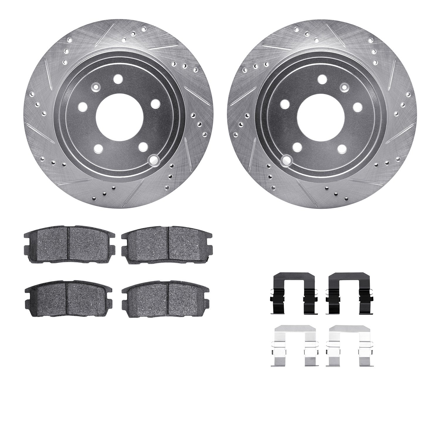7512-47061 Drilled/Slotted Brake Rotors w/5000 Advanced Brake Pads Kit & Hardware [Silver], 2007-2015 GM, Position: Rear