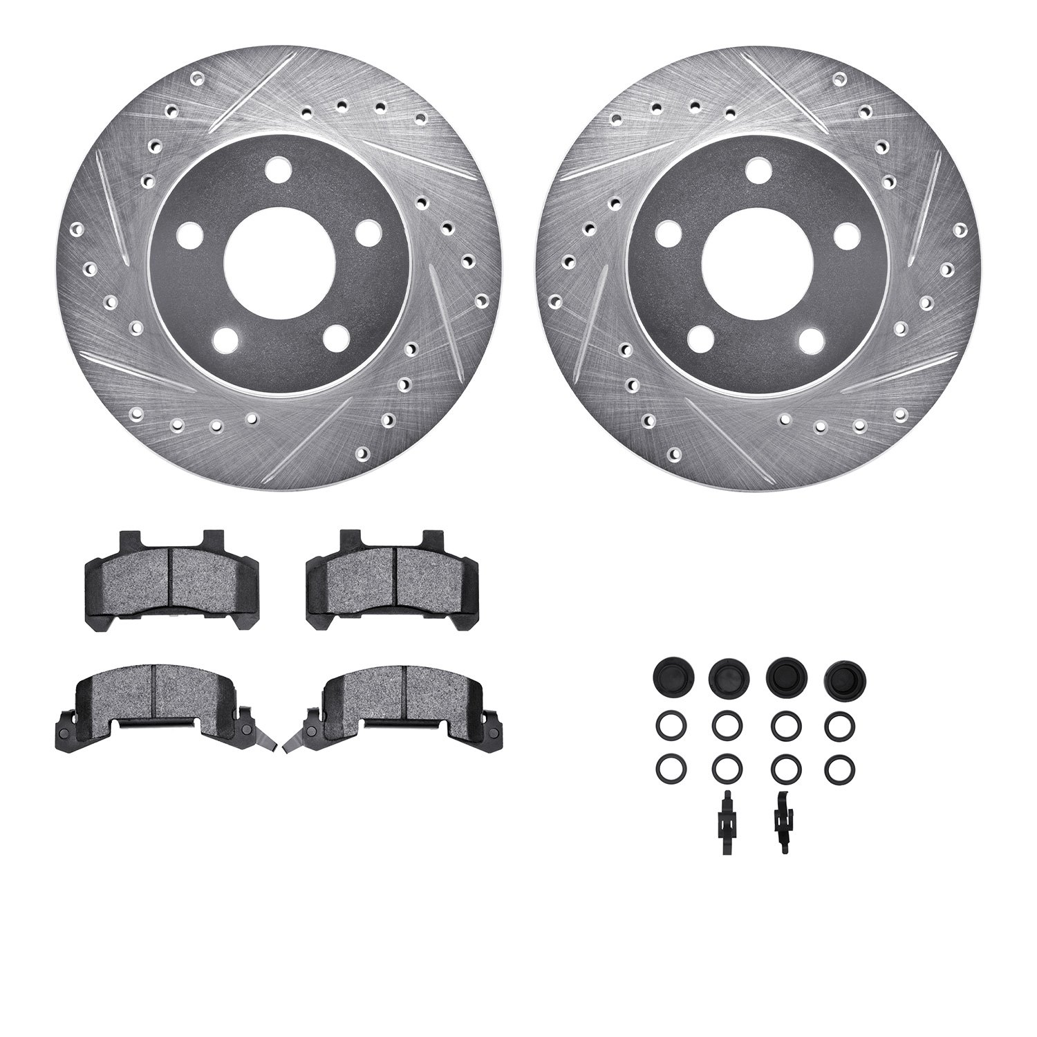 7512-47064 Drilled/Slotted Brake Rotors w/5000 Advanced Brake Pads Kit & Hardware [Silver], 1985-1989 GM, Position: Front