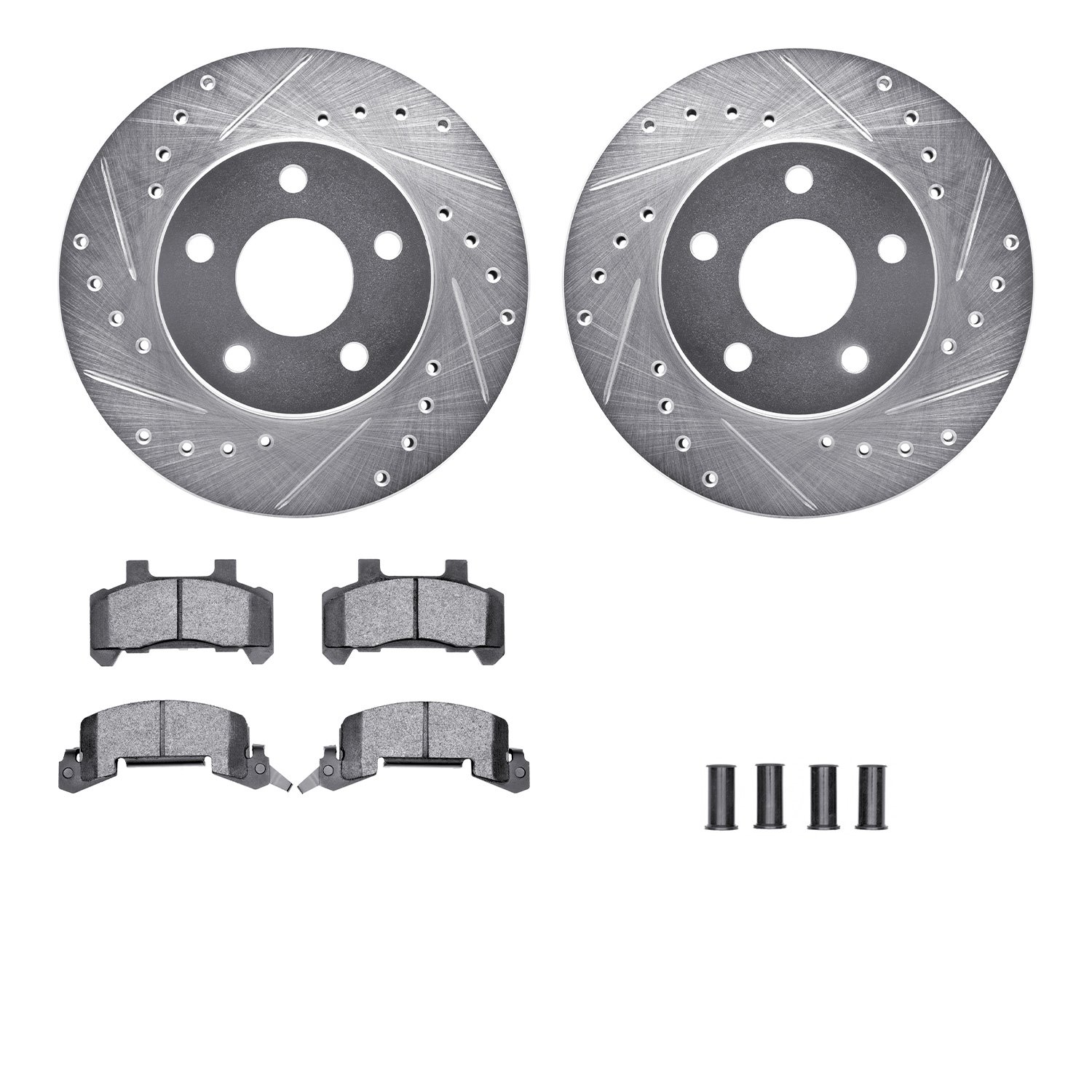 7512-47065 Drilled/Slotted Brake Rotors w/5000 Advanced Brake Pads Kit & Hardware [Silver], 1990-1991 GM, Position: Front