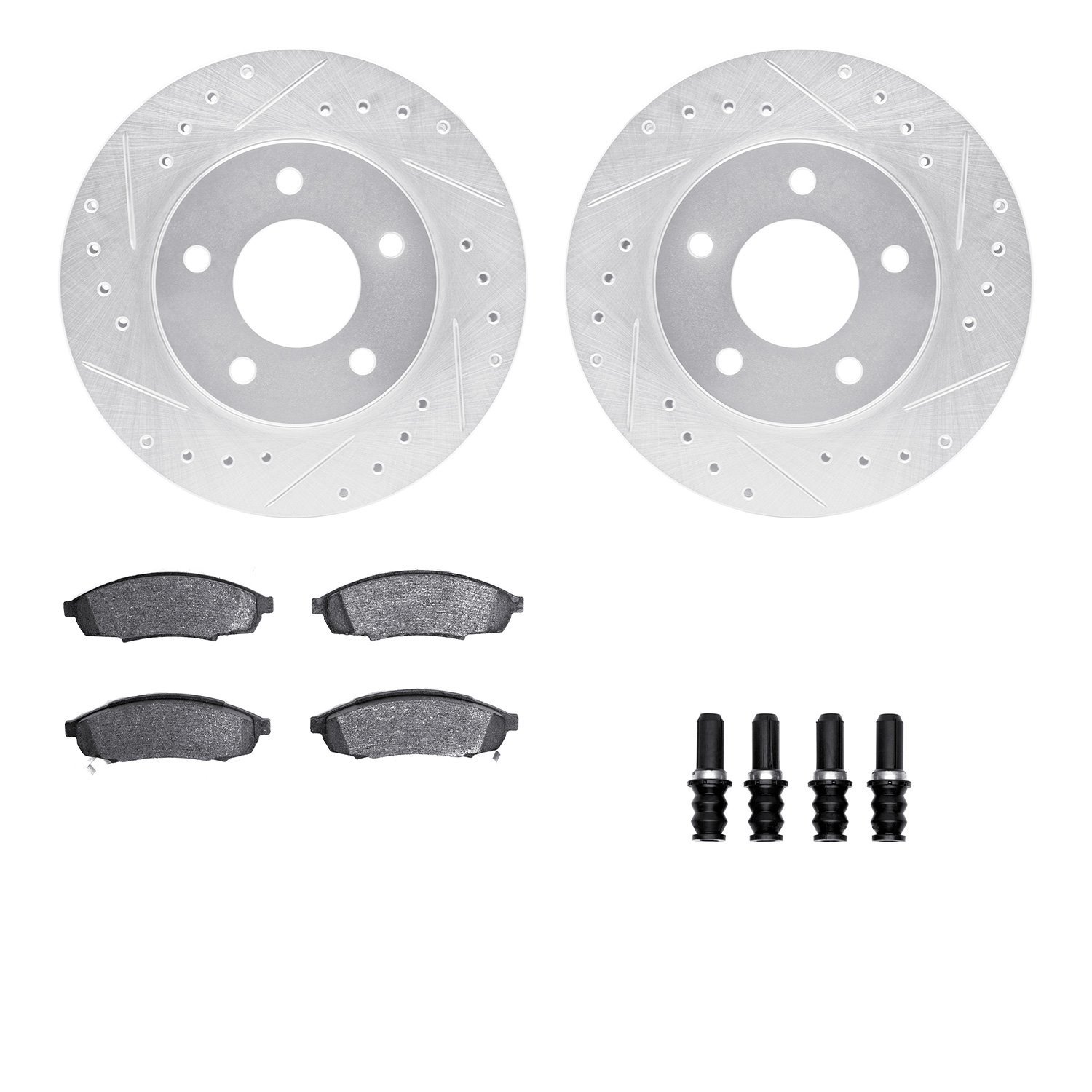 7512-47070 Drilled/Slotted Brake Rotors w/5000 Advanced Brake Pads Kit & Hardware [Silver], 1988-1996 GM, Position: Front