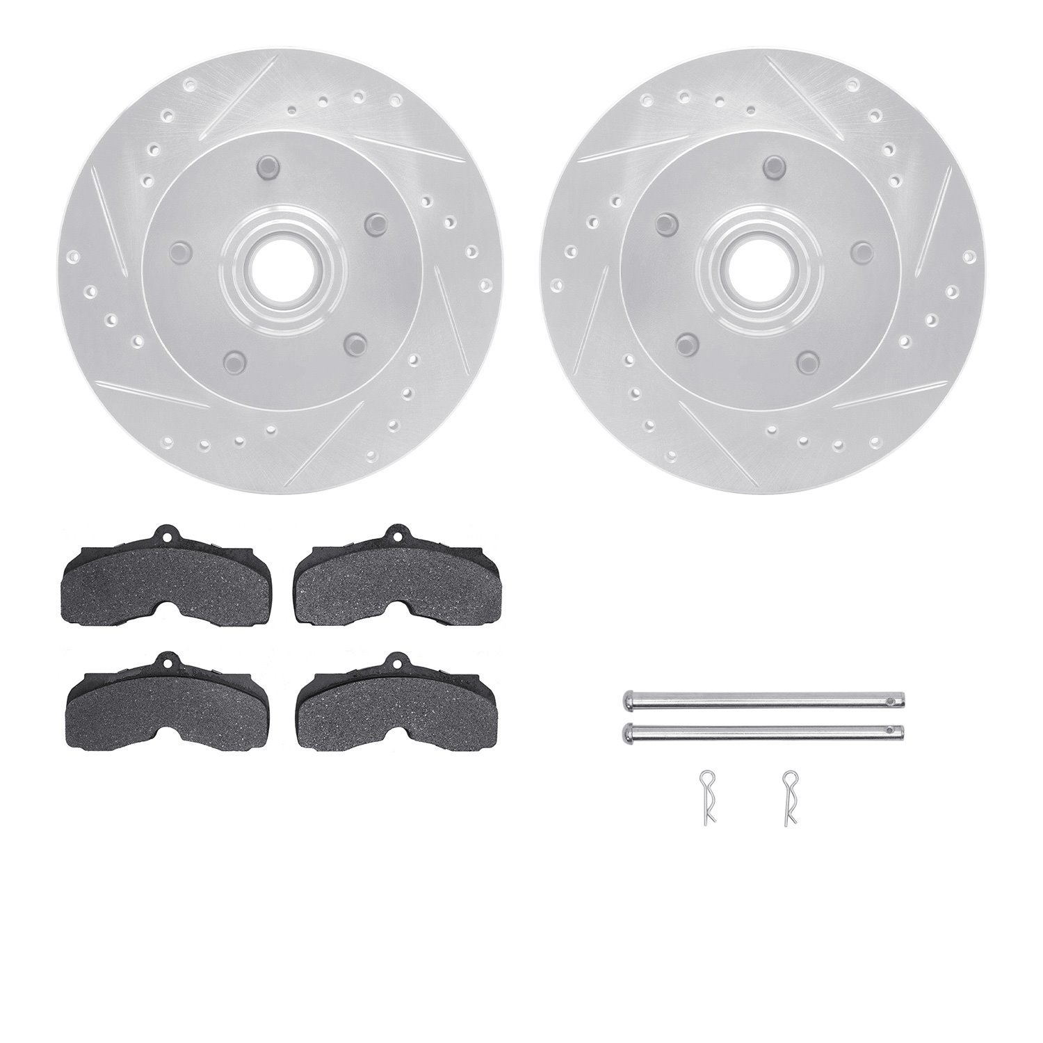 7512-47095 Drilled/Slotted Brake Rotors w/5000 Advanced Brake Pads Kit & Hardware [Silver], 1967-1968 GM, Position: Front