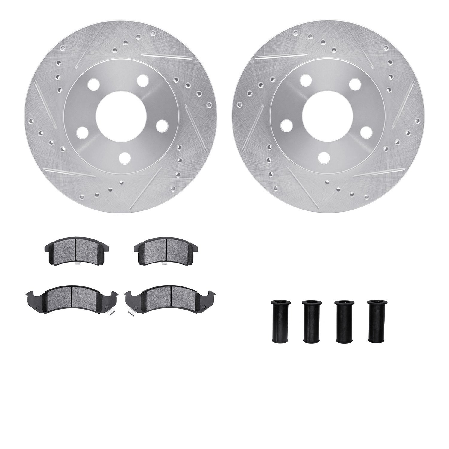7512-47103 Drilled/Slotted Brake Rotors w/5000 Advanced Brake Pads Kit & Hardware [Silver], 1994-1997 GM, Position: Front