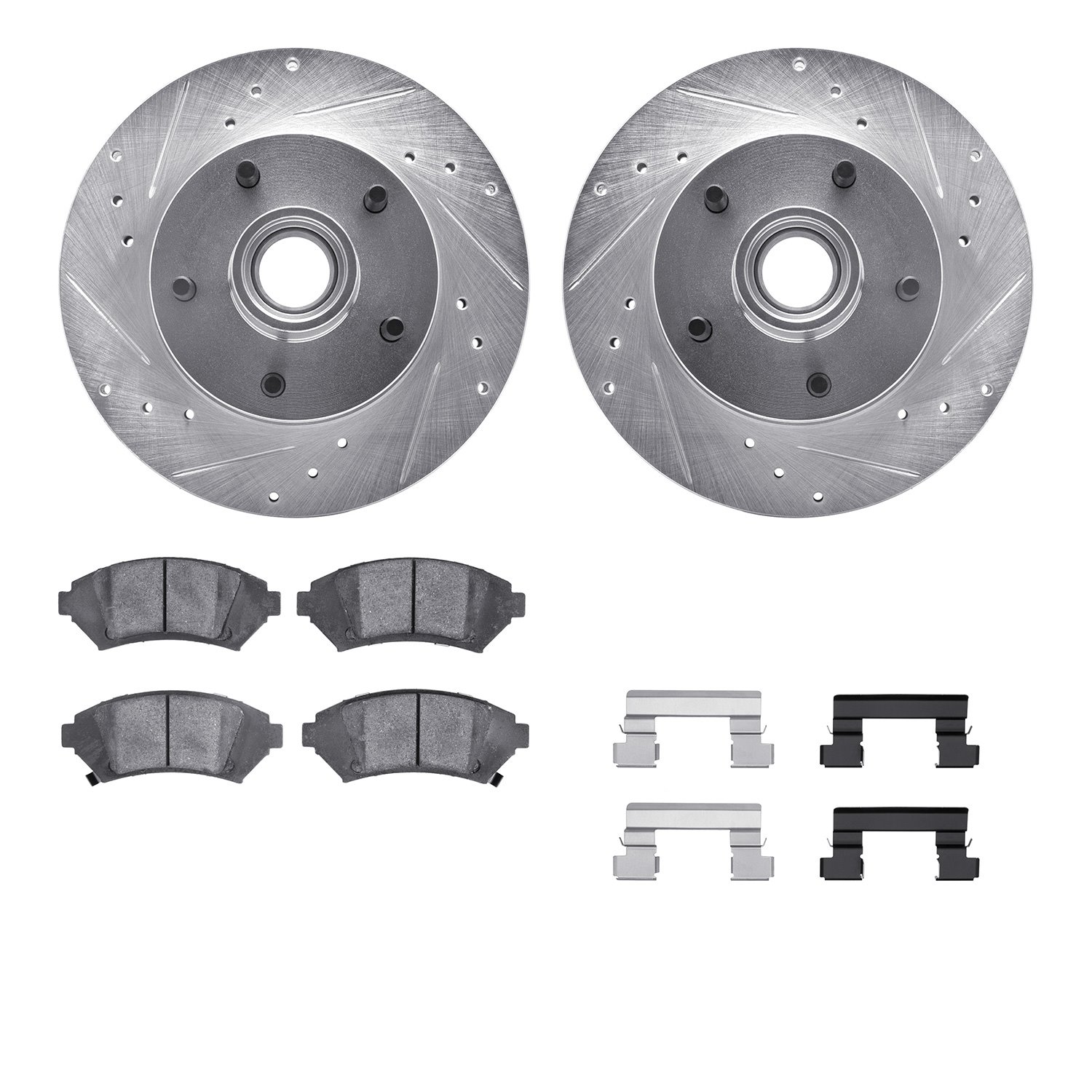 7512-47105 Drilled/Slotted Brake Rotors w/5000 Advanced Brake Pads Kit & Hardware [Silver], 2005-2005 GM, Position: Front