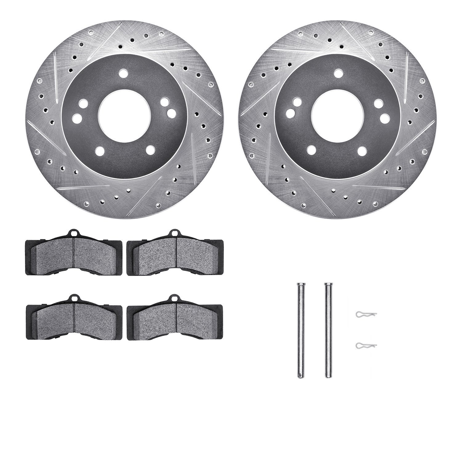7512-47116 Drilled/Slotted Brake Rotors w/5000 Advanced Brake Pads Kit & Hardware [Silver], 1963-1982 GM, Position: Front, Rear