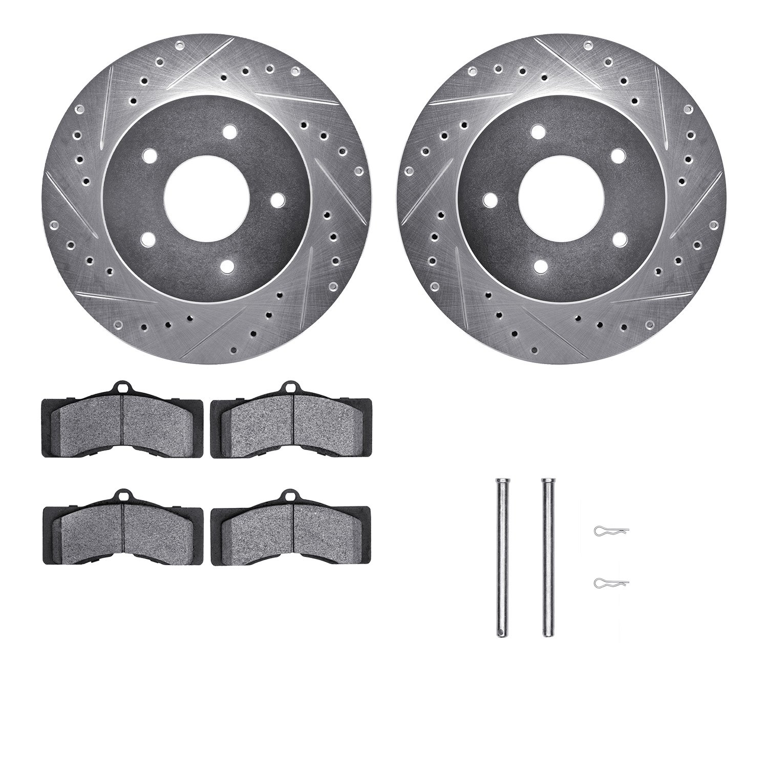 7512-47124 Drilled/Slotted Brake Rotors w/5000 Advanced Brake Pads Kit & Hardware [Silver], 1963-1982 GM, Position: Front