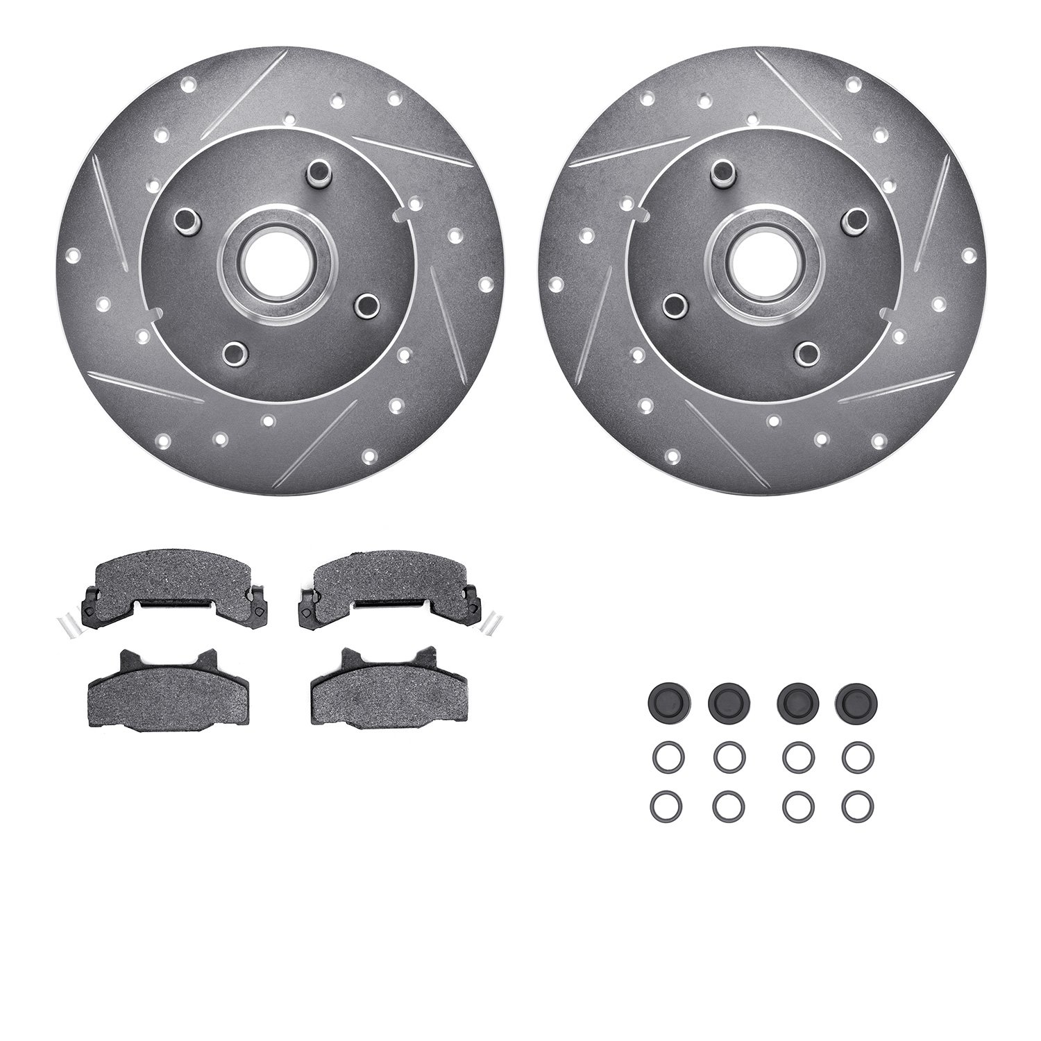 7512-47128 Drilled/Slotted Brake Rotors w/5000 Advanced Brake Pads Kit & Hardware [Silver], 1983-1987 GM, Position: Front