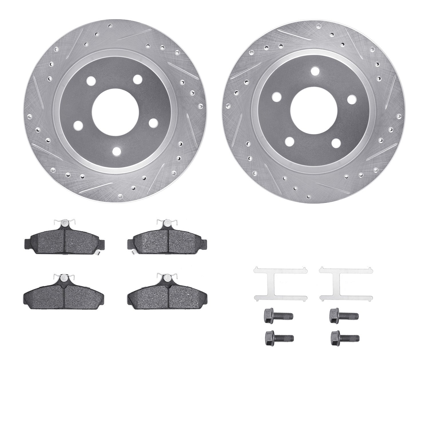 7512-47145 Drilled/Slotted Brake Rotors w/5000 Advanced Brake Pads Kit & Hardware [Silver], 1984-1987 GM, Position: Front