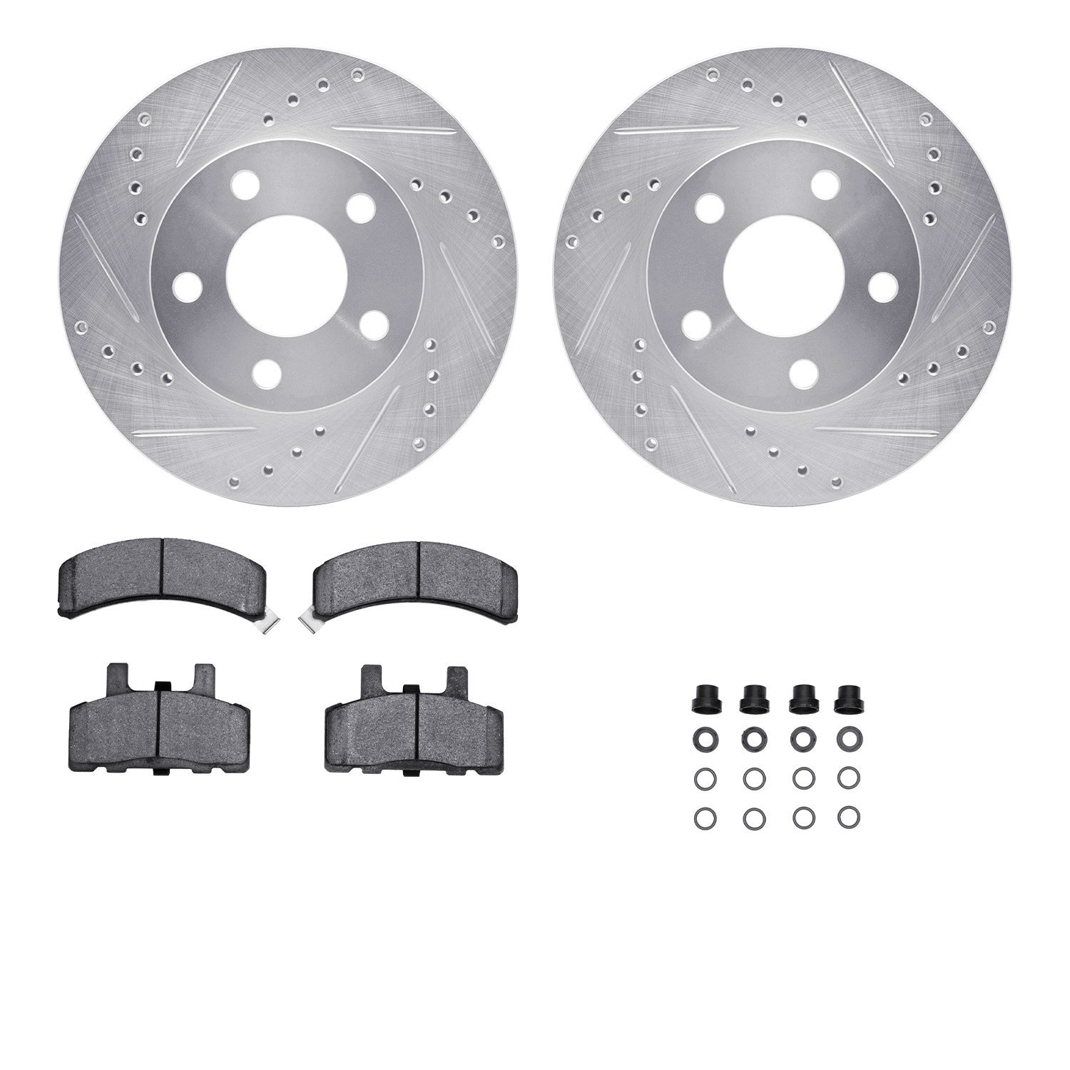7512-47155 Drilled/Slotted Brake Rotors w/5000 Advanced Brake Pads Kit & Hardware [Silver], 1990-1993 GM, Position: Front