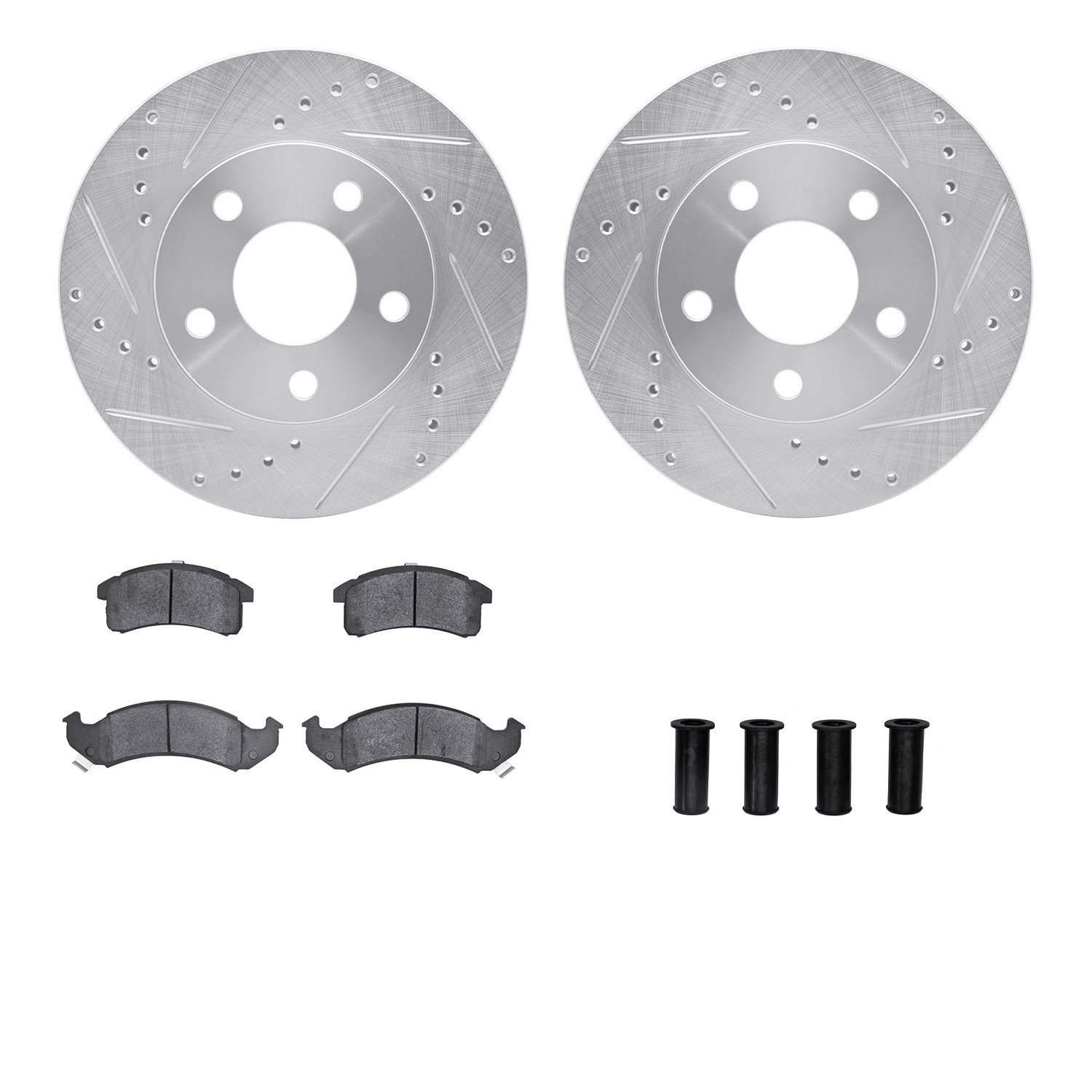 7512-47157 Drilled/Slotted Brake Rotors w/5000 Advanced Brake Pads Kit & Hardware [Silver], 1991-1993 GM, Position: Front