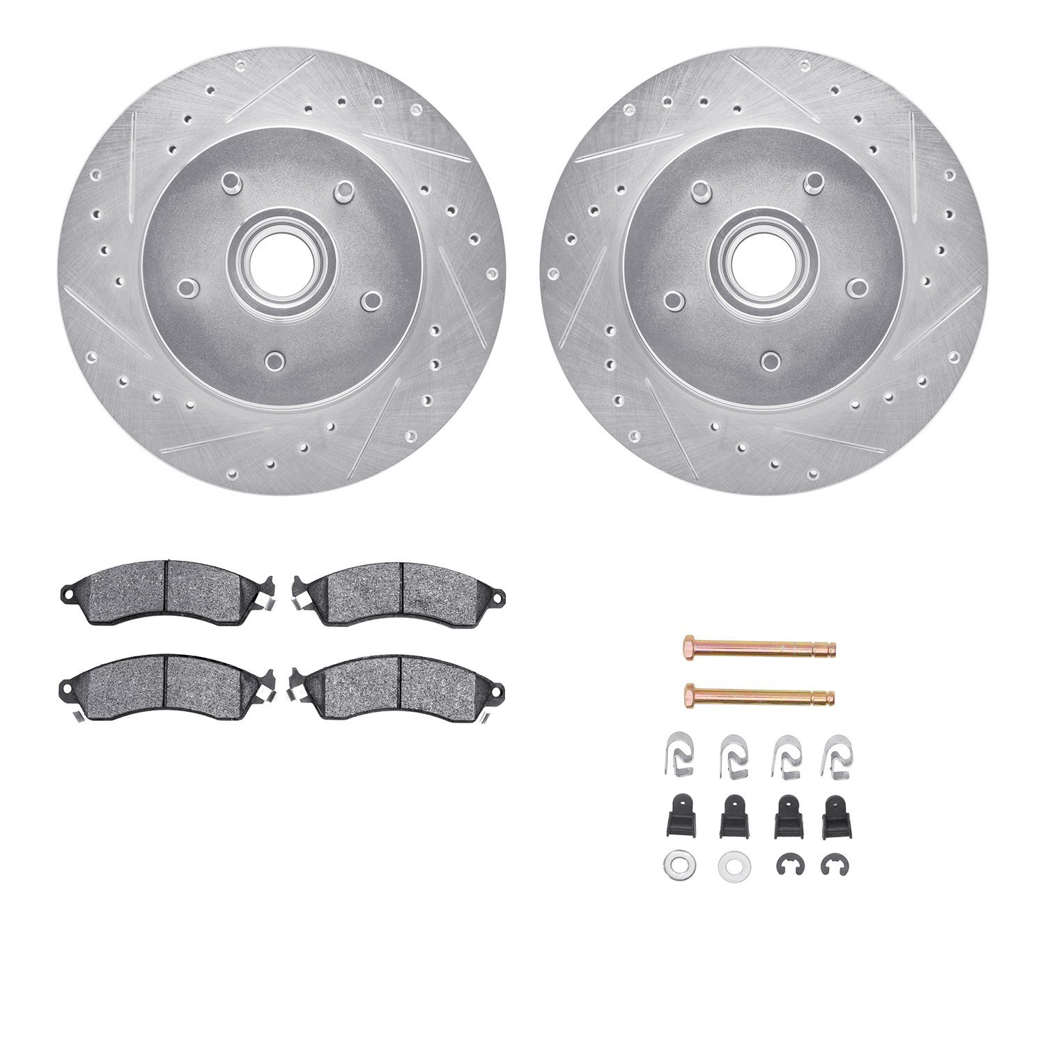 7512-47159 Drilled/Slotted Brake Rotors w/5000 Advanced Brake Pads Kit & Hardware [Silver], 1985-1992 GM, Position: Front