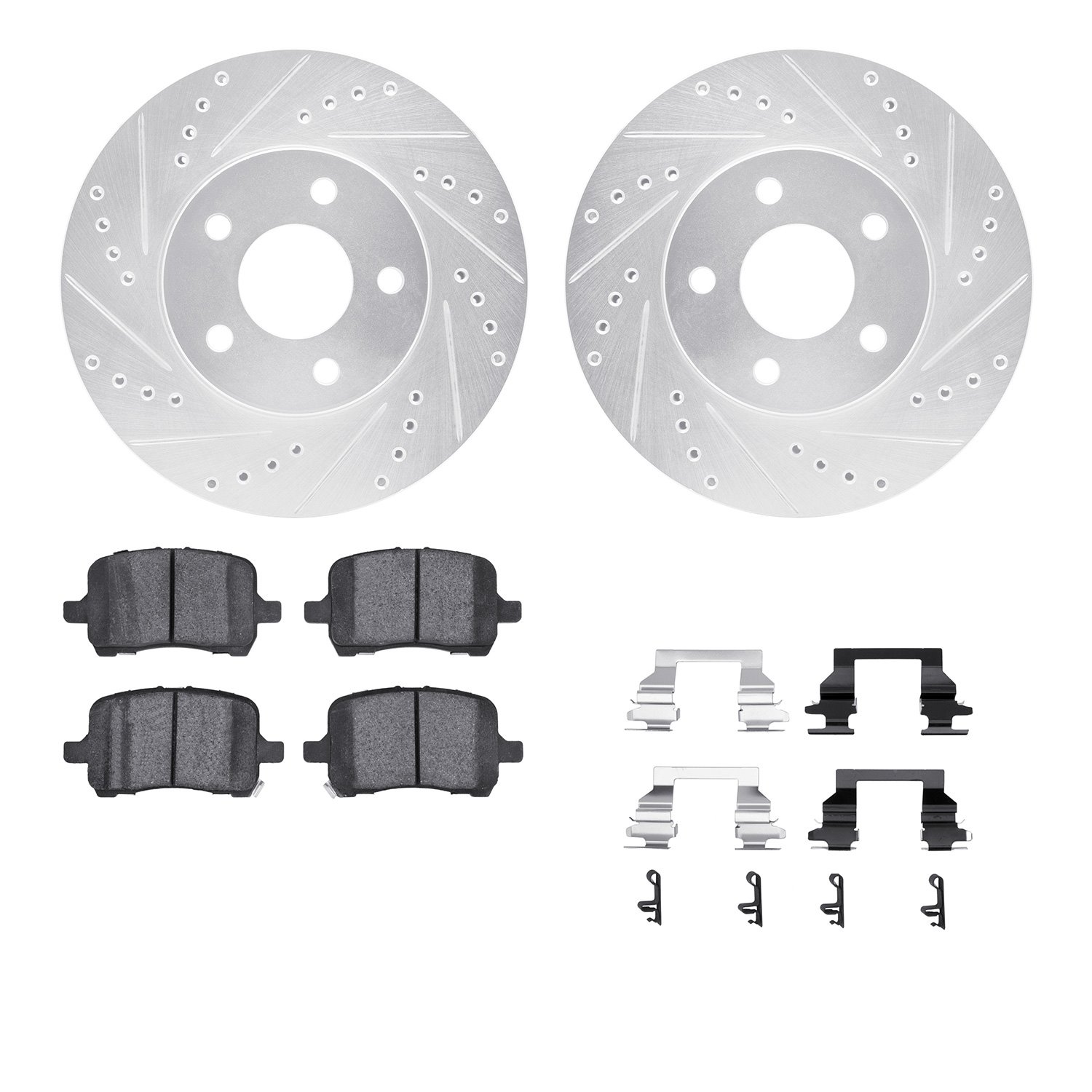 7512-47200 Drilled/Slotted Brake Rotors w/5000 Advanced Brake Pads Kit & Hardware [Silver], 2008-2008 GM, Position: Front